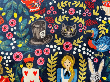 Rifle Paper Co-Alice in Wonderland Fabric-Navy Blue Quilting Cotton With Gold