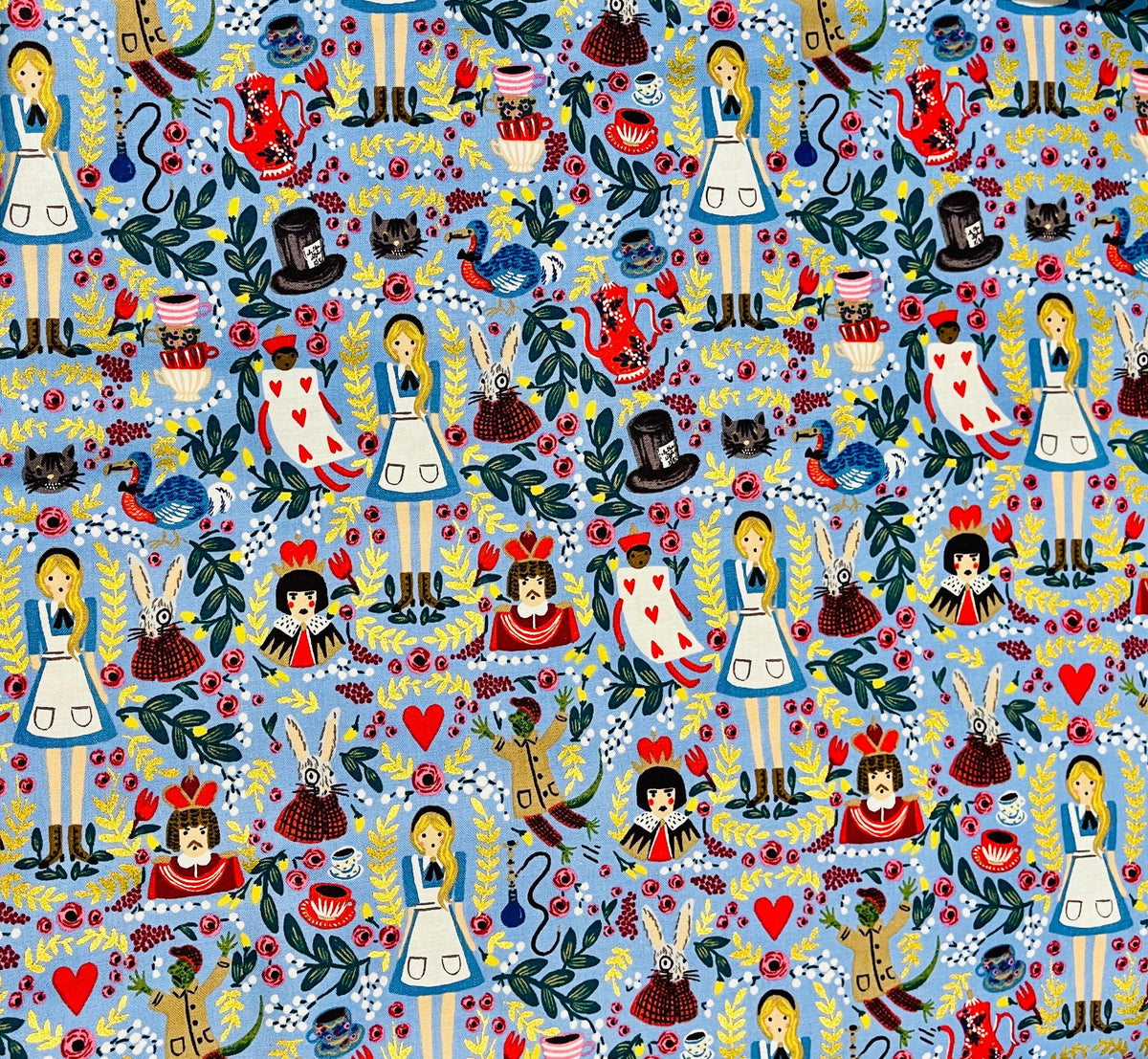 Wonderland-Rifle Paper Co-Periwinkle Metallic Fabric-Cotton+ Steel-Quilting Cotton