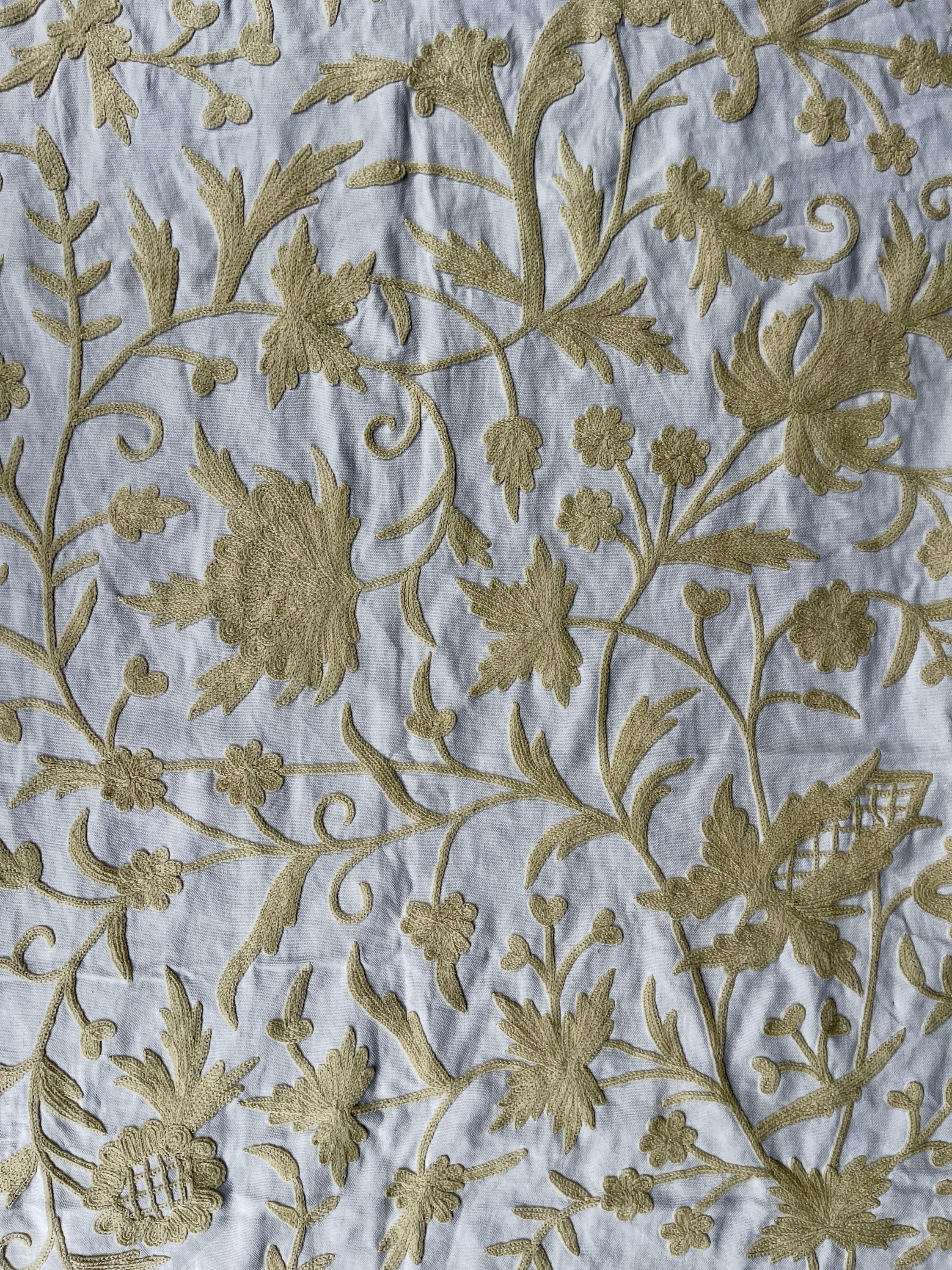 Crewel Embroidery Fabric-Kashmir Crewel-Beige on White