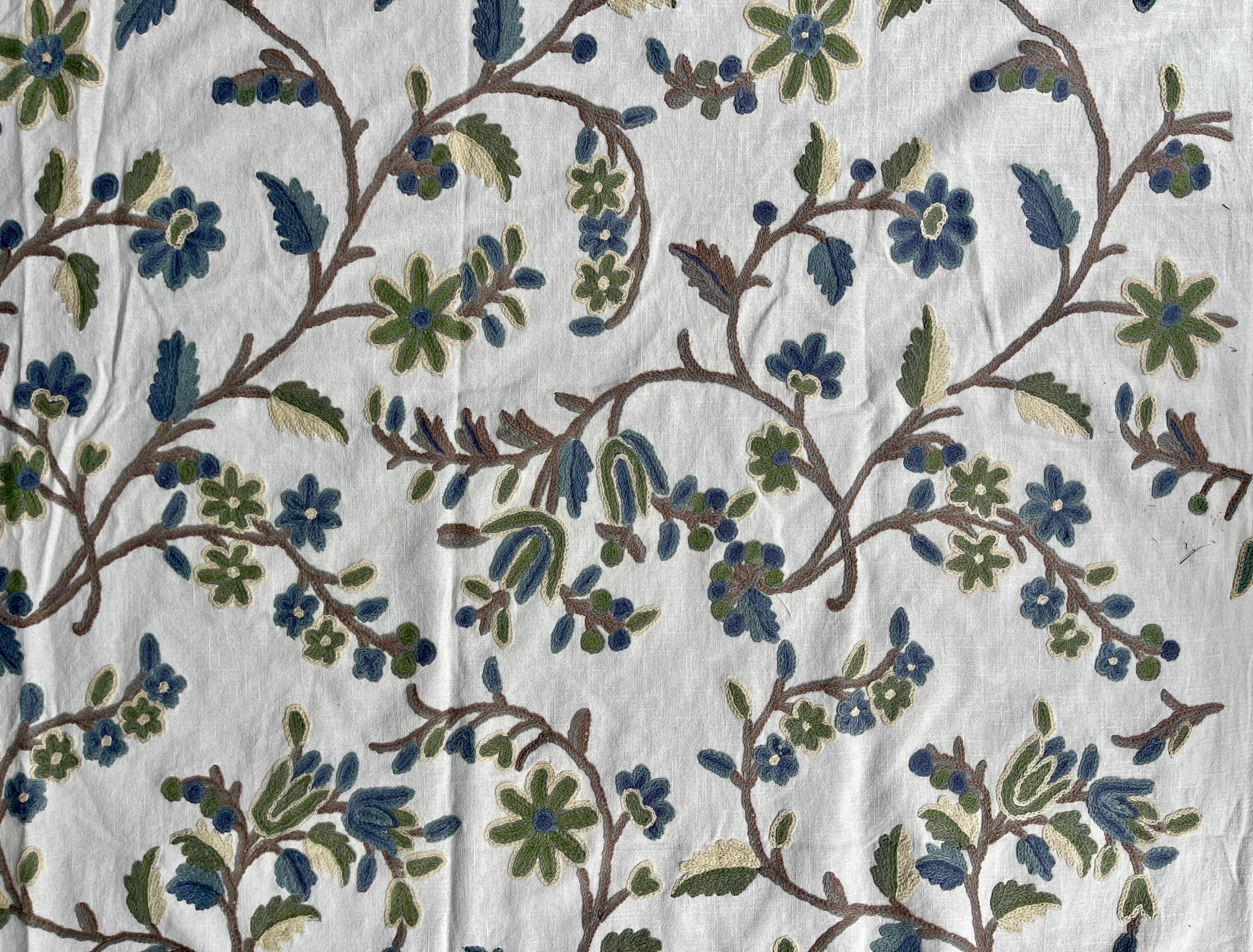 Crewel Embroidery Fabric-Kashmir Crewel on White-Blue Work
