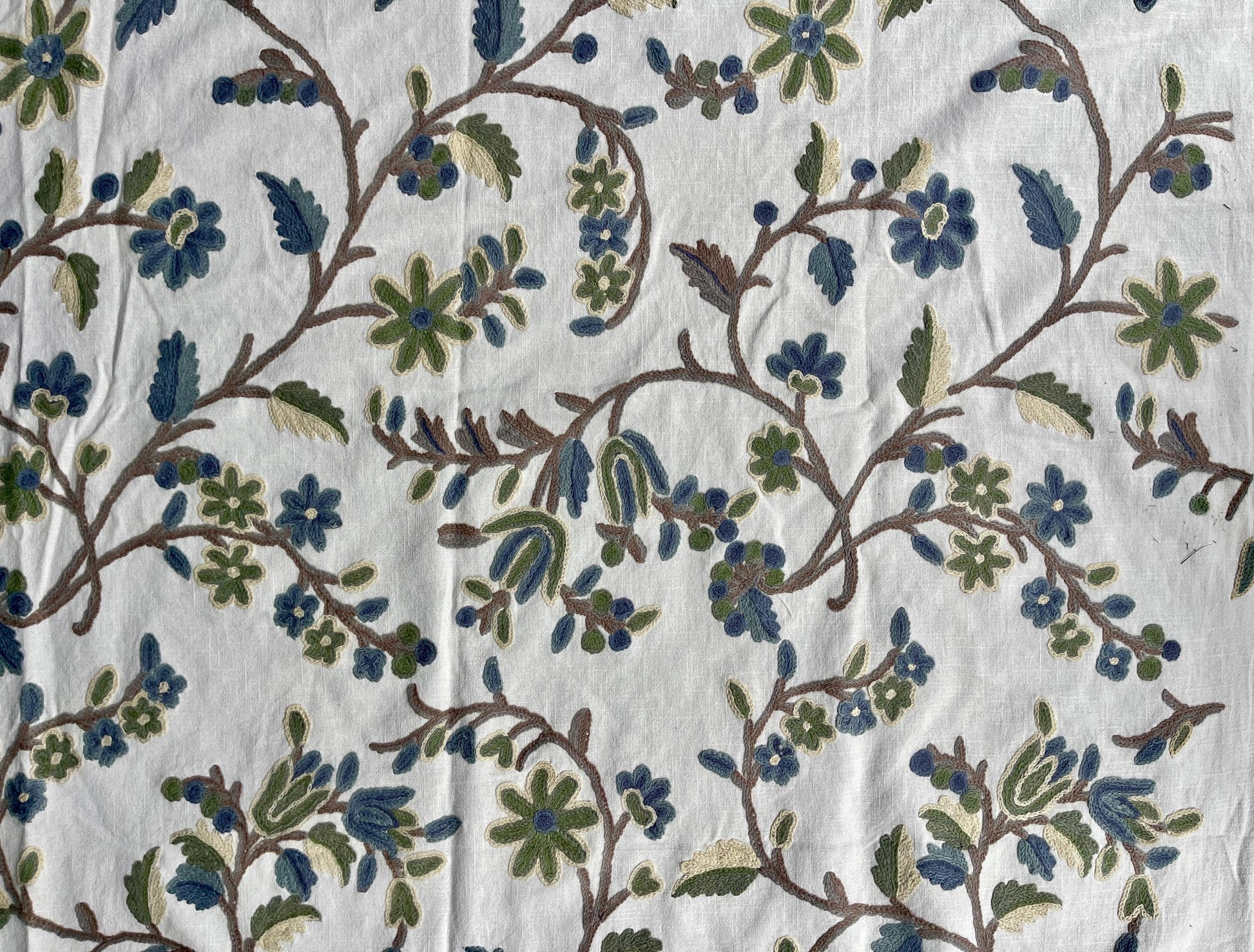Crewel Embroidery Fabric-Kashmir Crewel on White-Blue Work