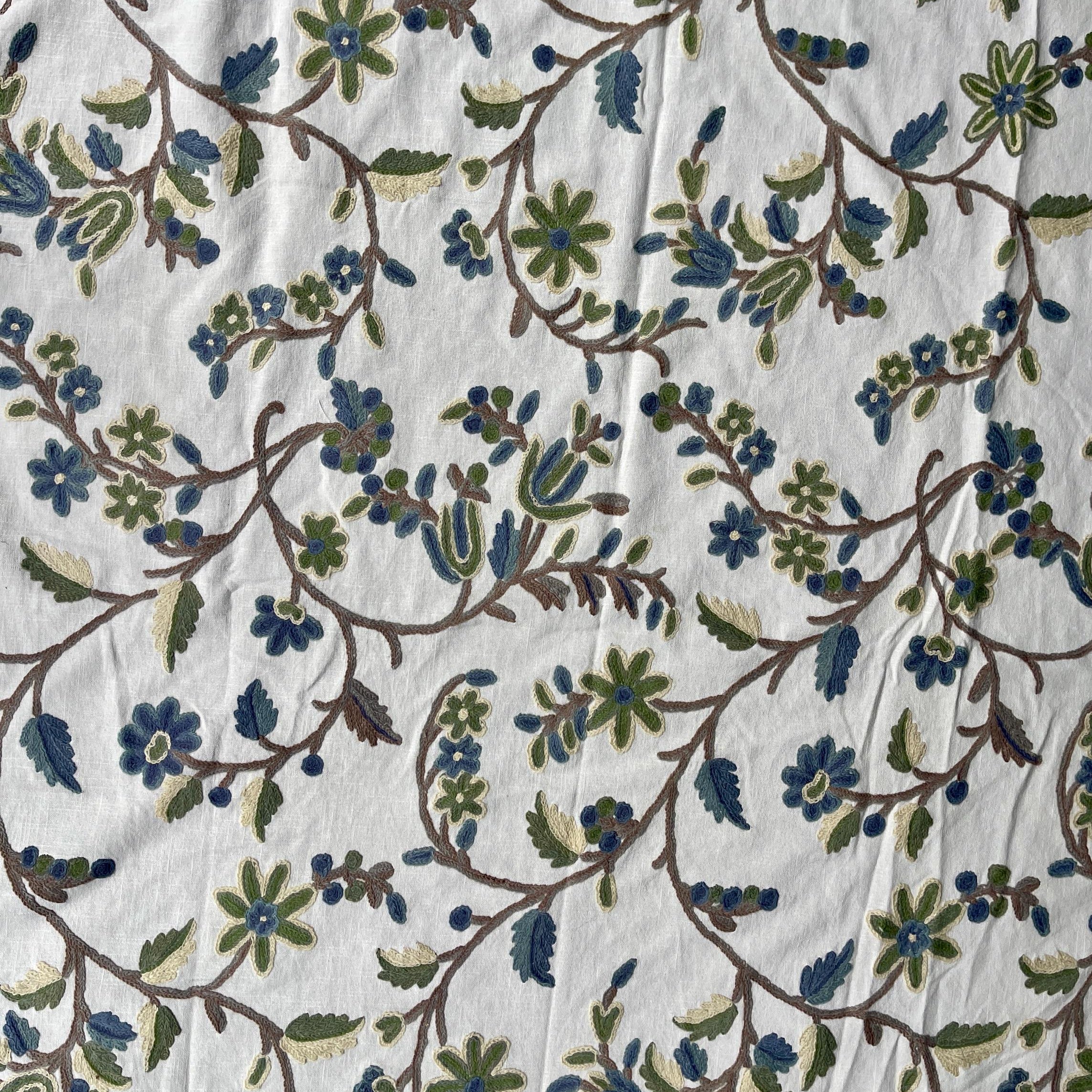 Crewel Embroidery Fabric-Kashmir Crewel on White-Blue Work