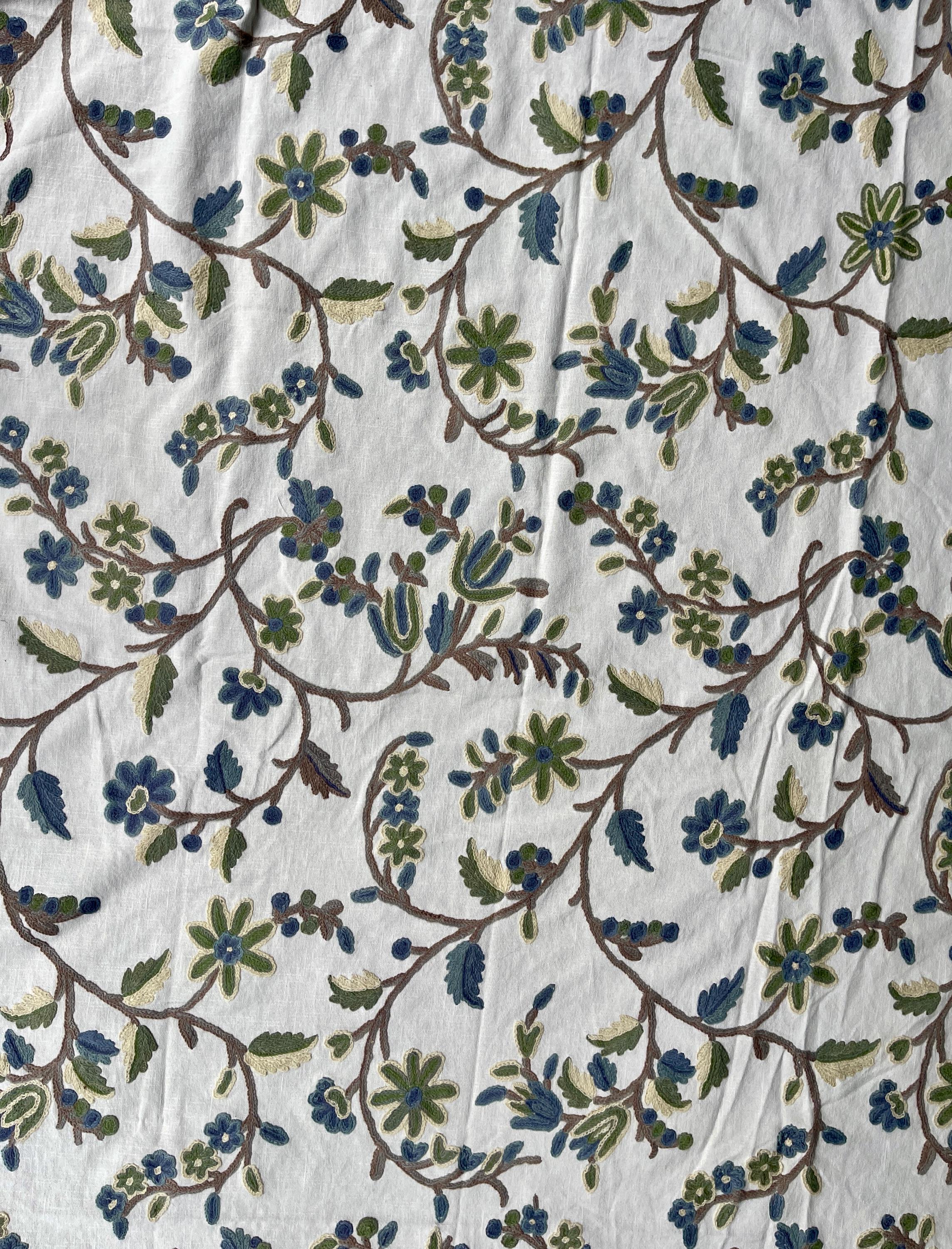 Crewel Embroidery Fabric-Kashmir Crewel on White-Blue Work
