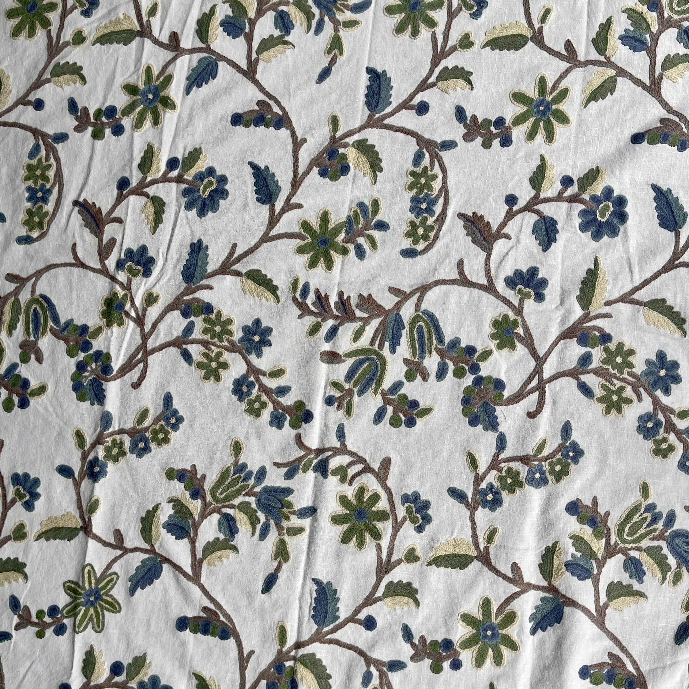 Crewel Embroidery Fabric-Kashmir Crewel on White-Blue Work