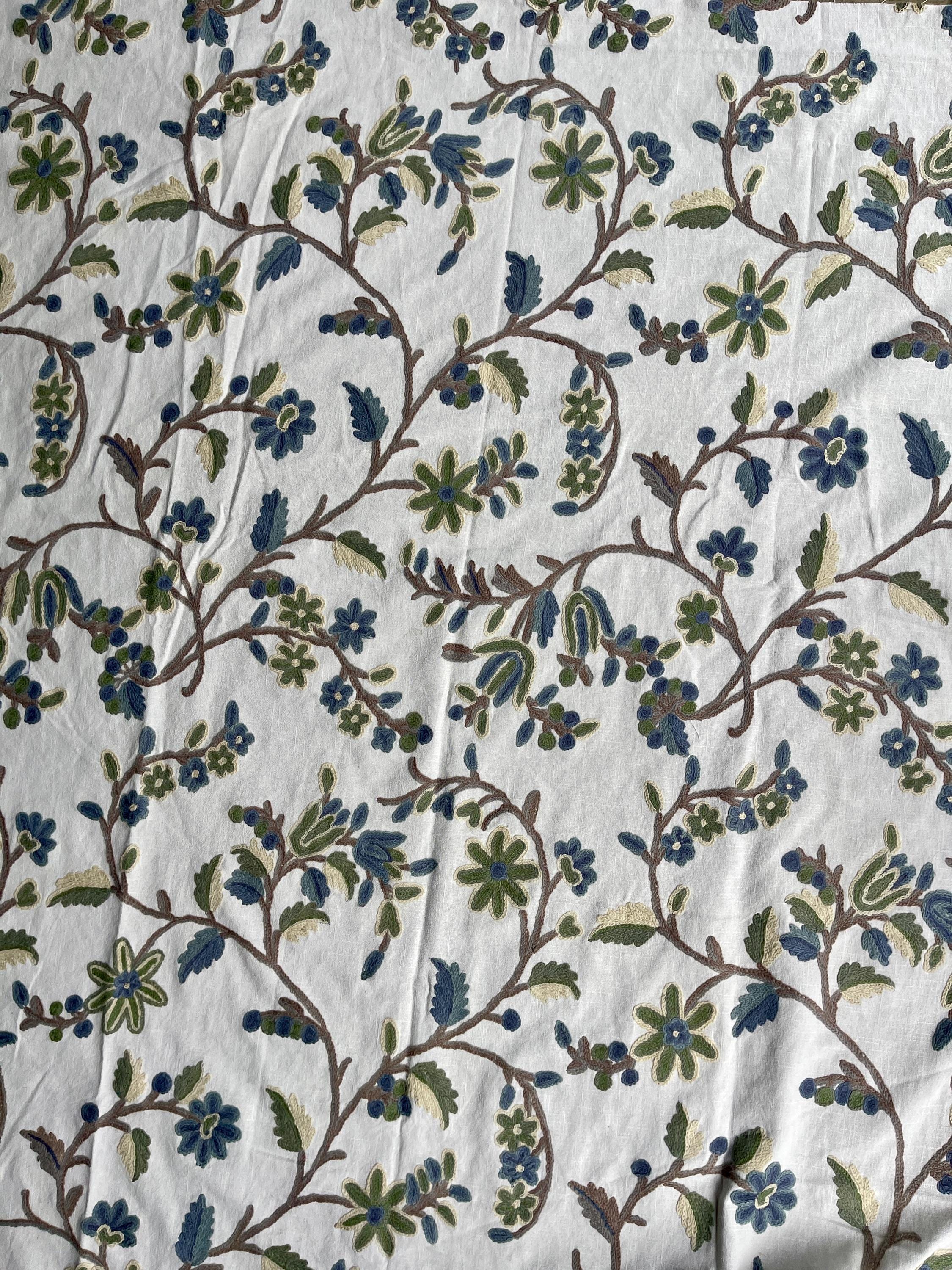 Crewel Embroidery Fabric-Kashmir Crewel on White-Blue Work