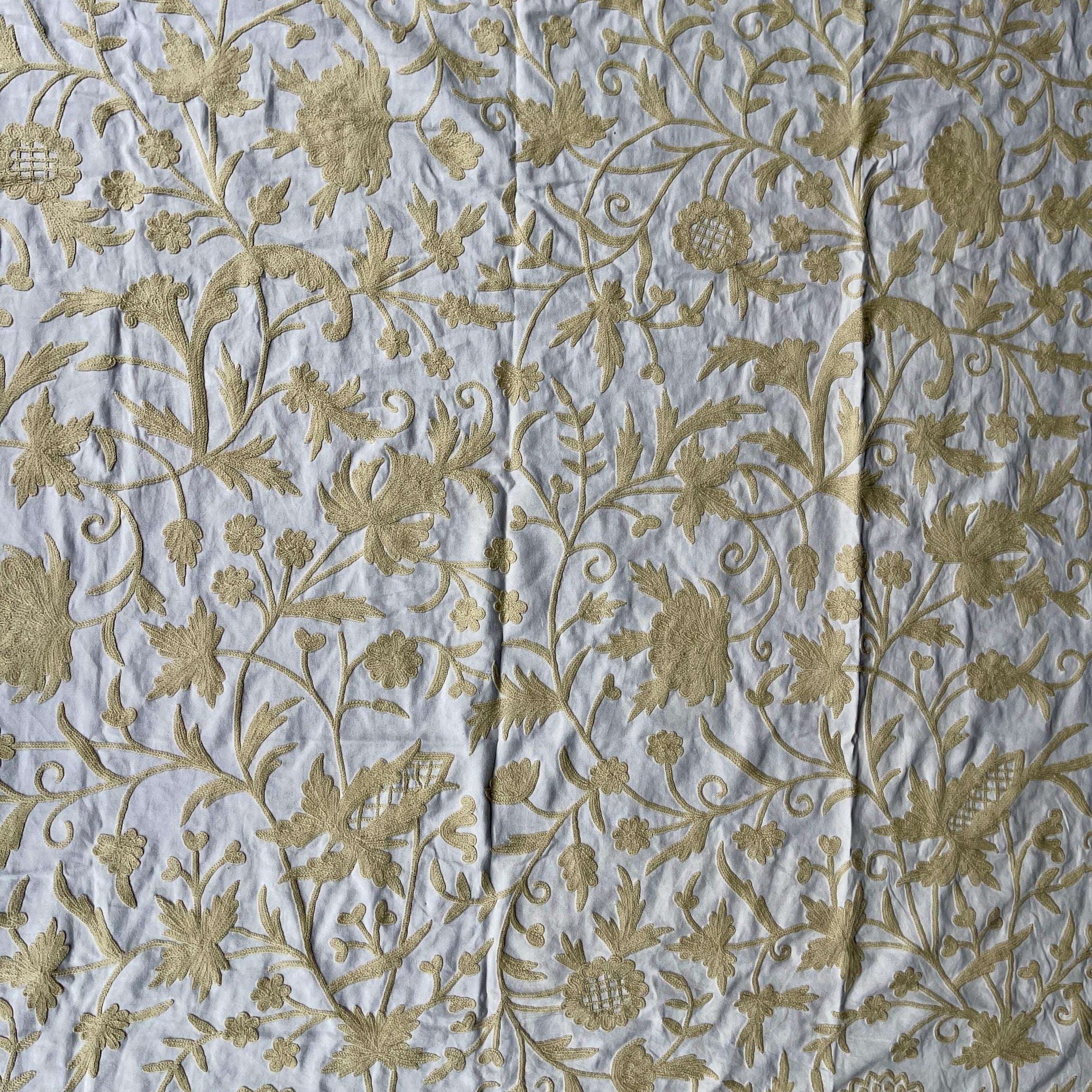Crewel Embroidery Fabric-Kashmir Crewel-Beige on White