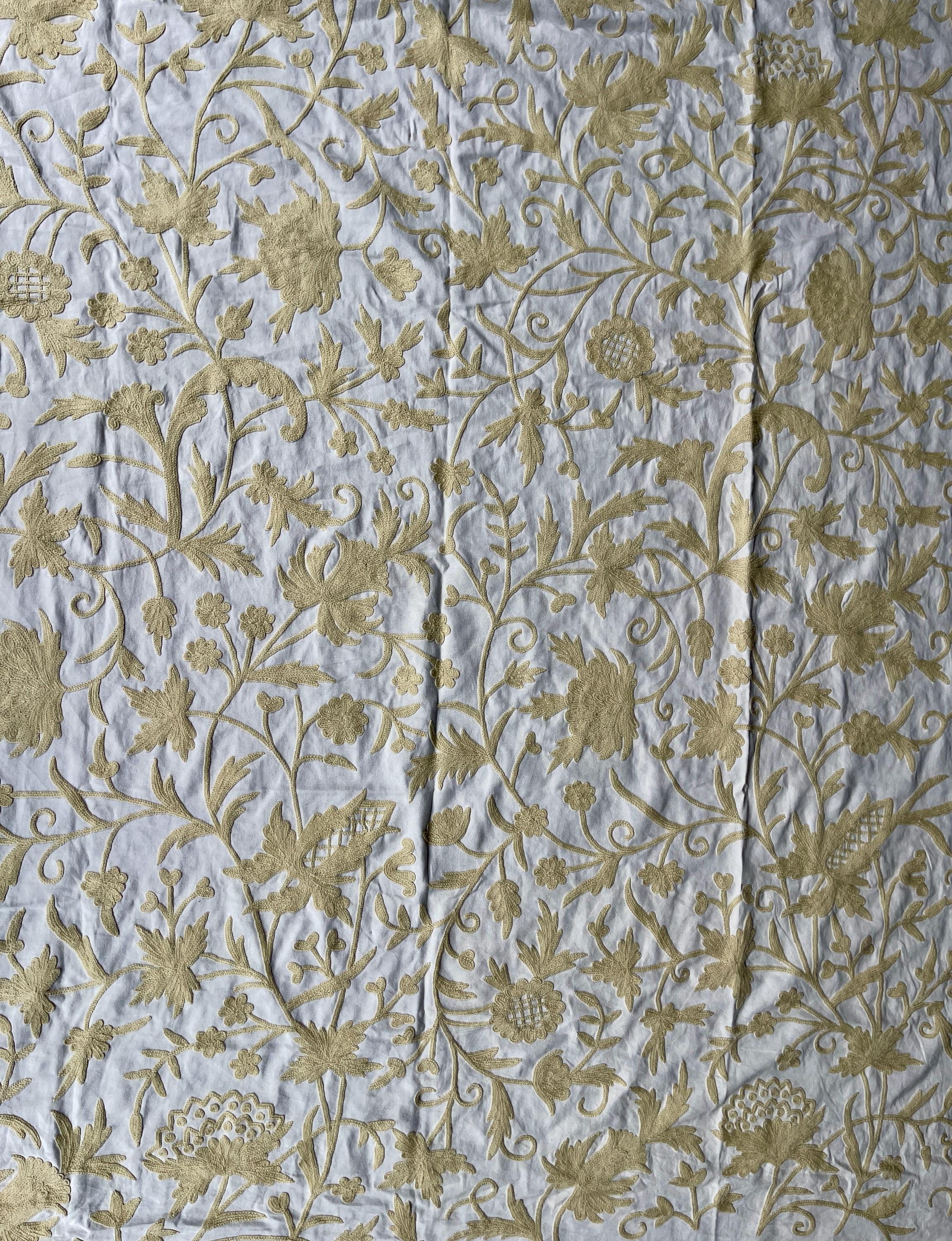 Crewel Embroidery Fabric-Kashmir Crewel-Beige on White