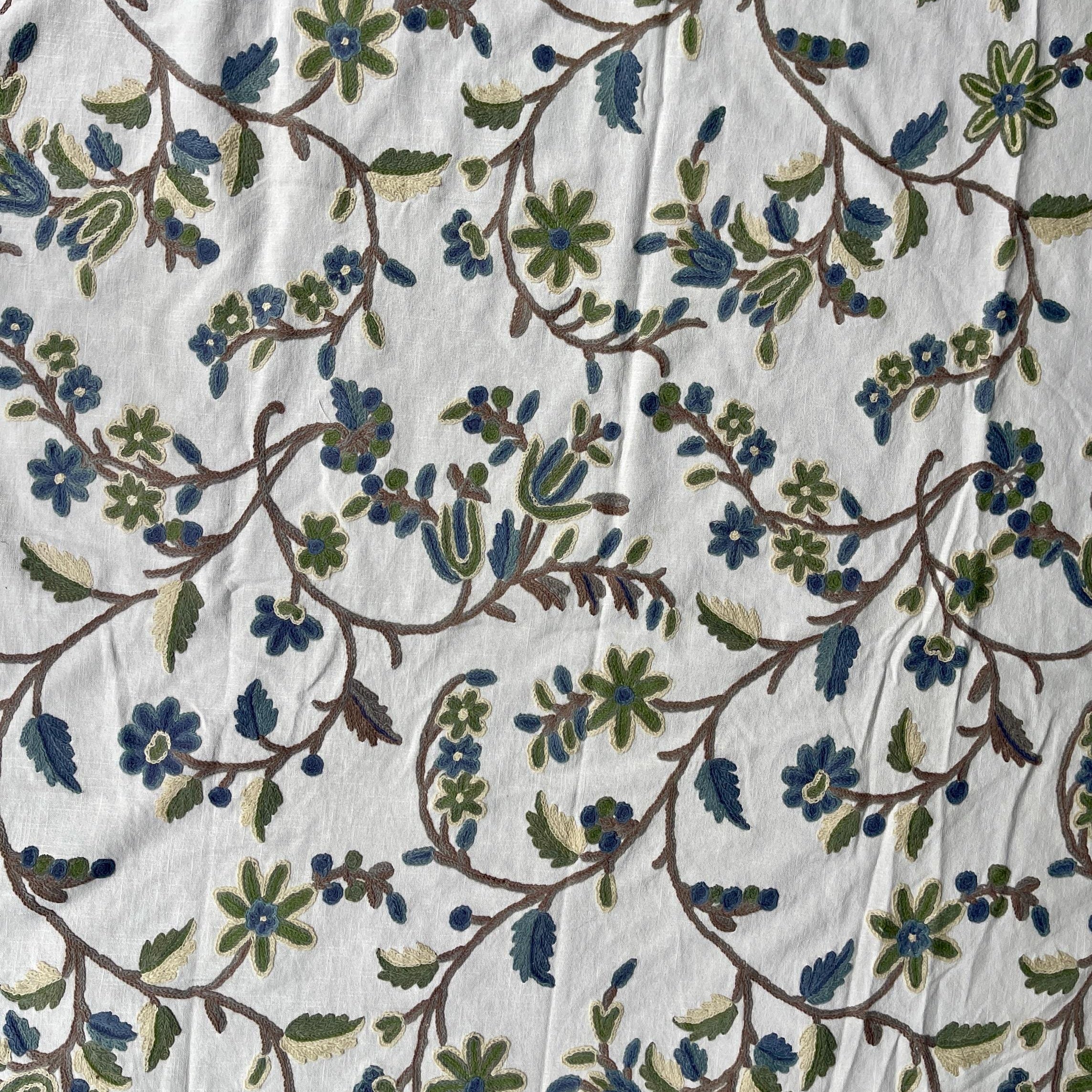 Crewel Embroidery Fabric-Kashmir Crewel on White-Blue Work