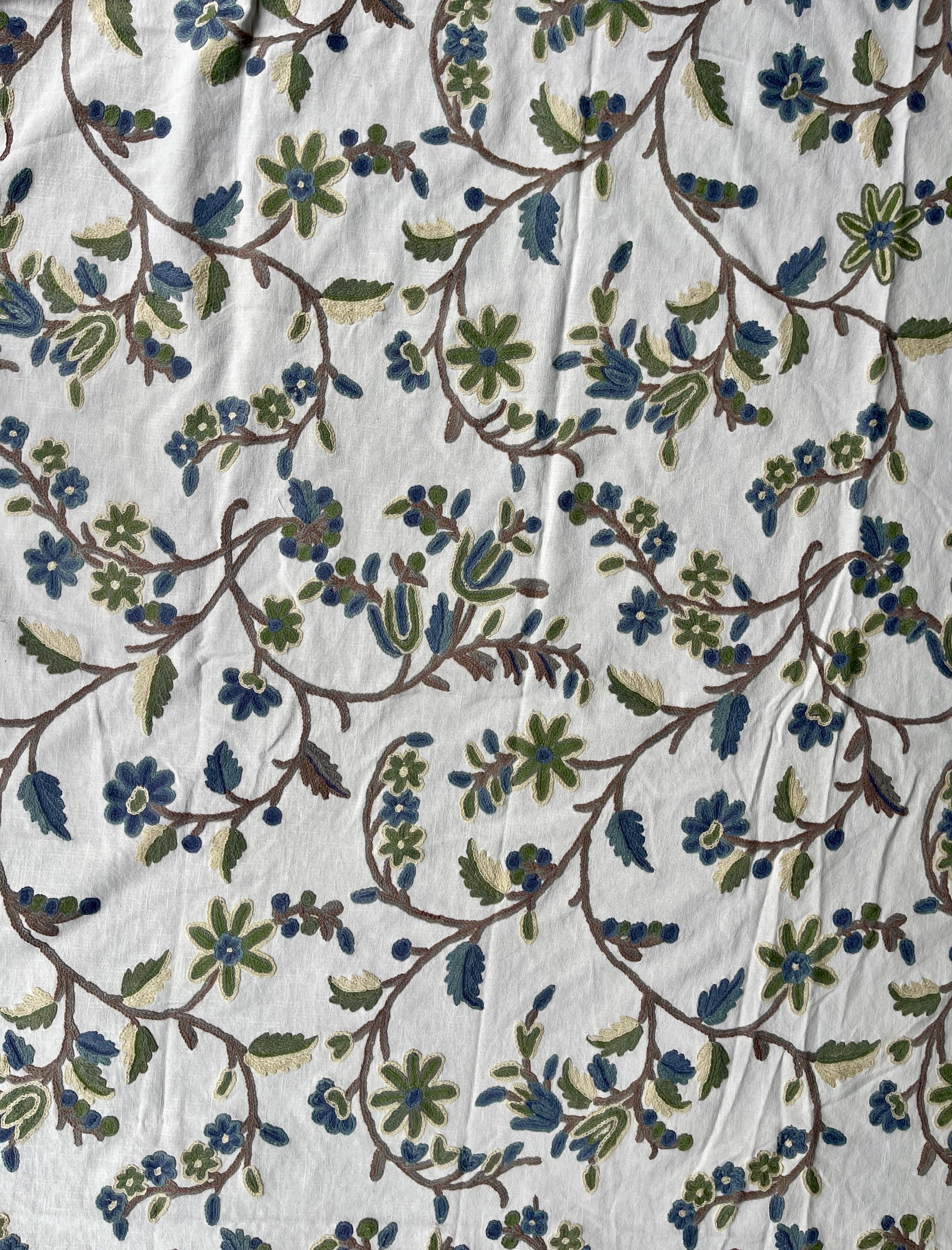 Crewel Embroidery Fabric-Kashmir Crewel on White-Blue Work
