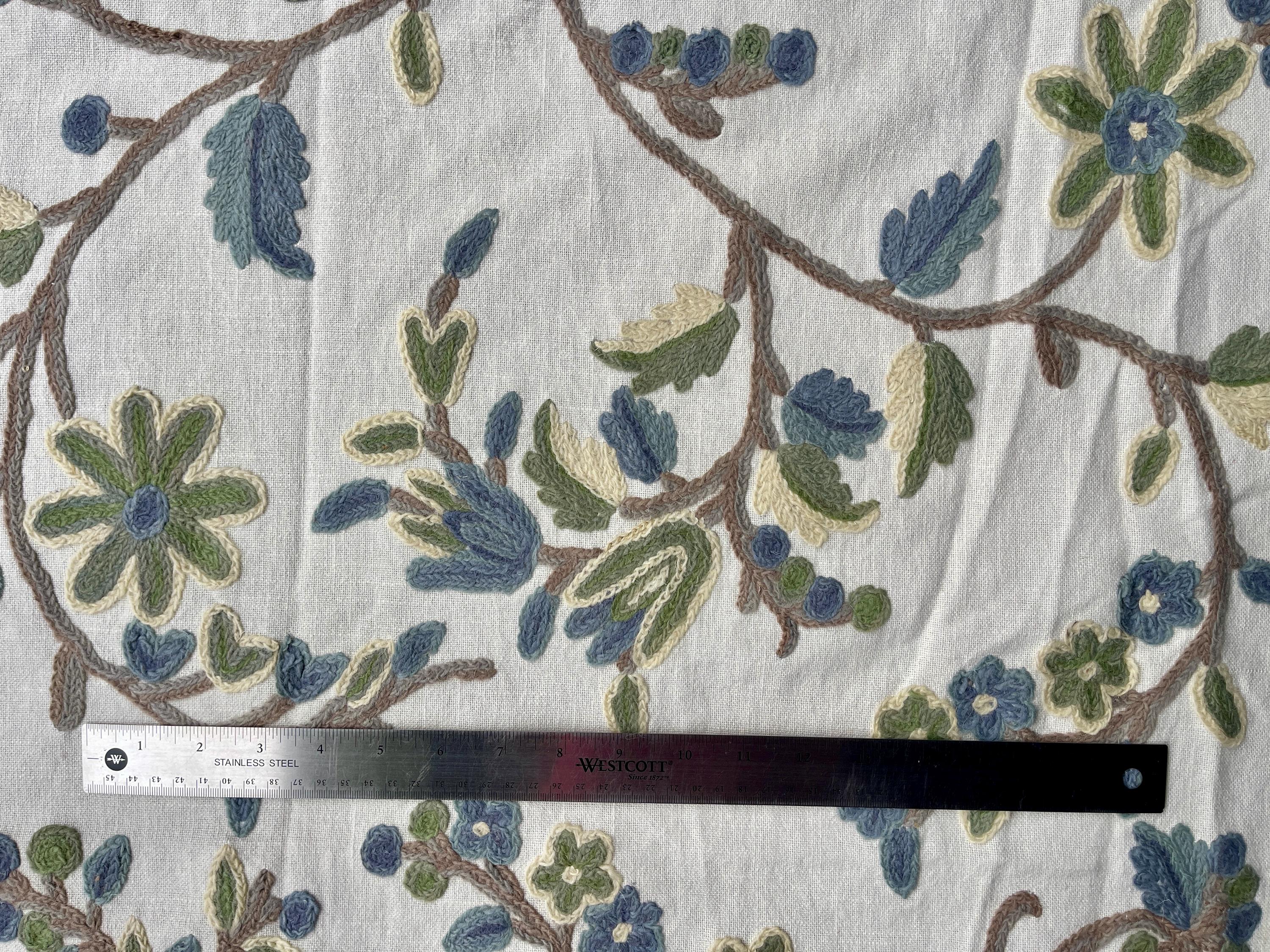 Crewel Embroidery Fabric-Kashmir Crewel on White-Blue Work