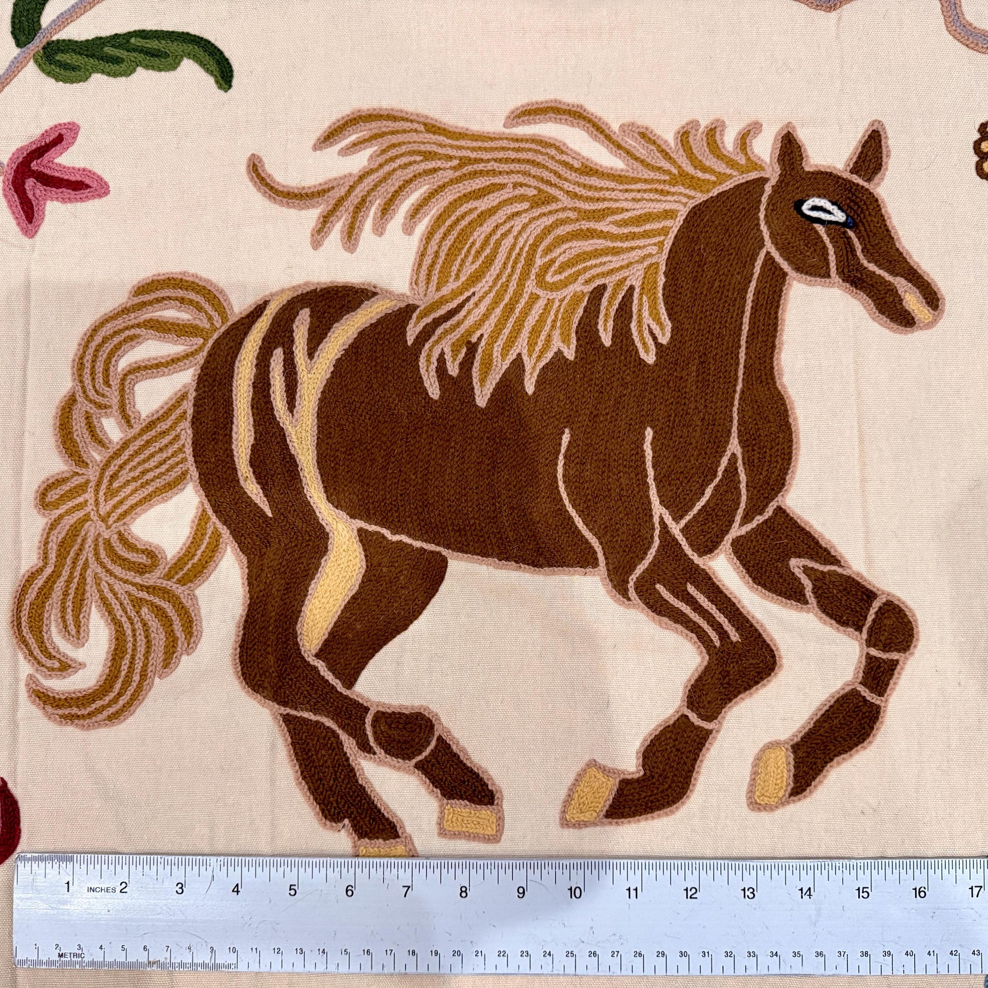 Crewel Hand Embroidered Fabric-Kashmir Crewel-Cotton Base-Flying Horse