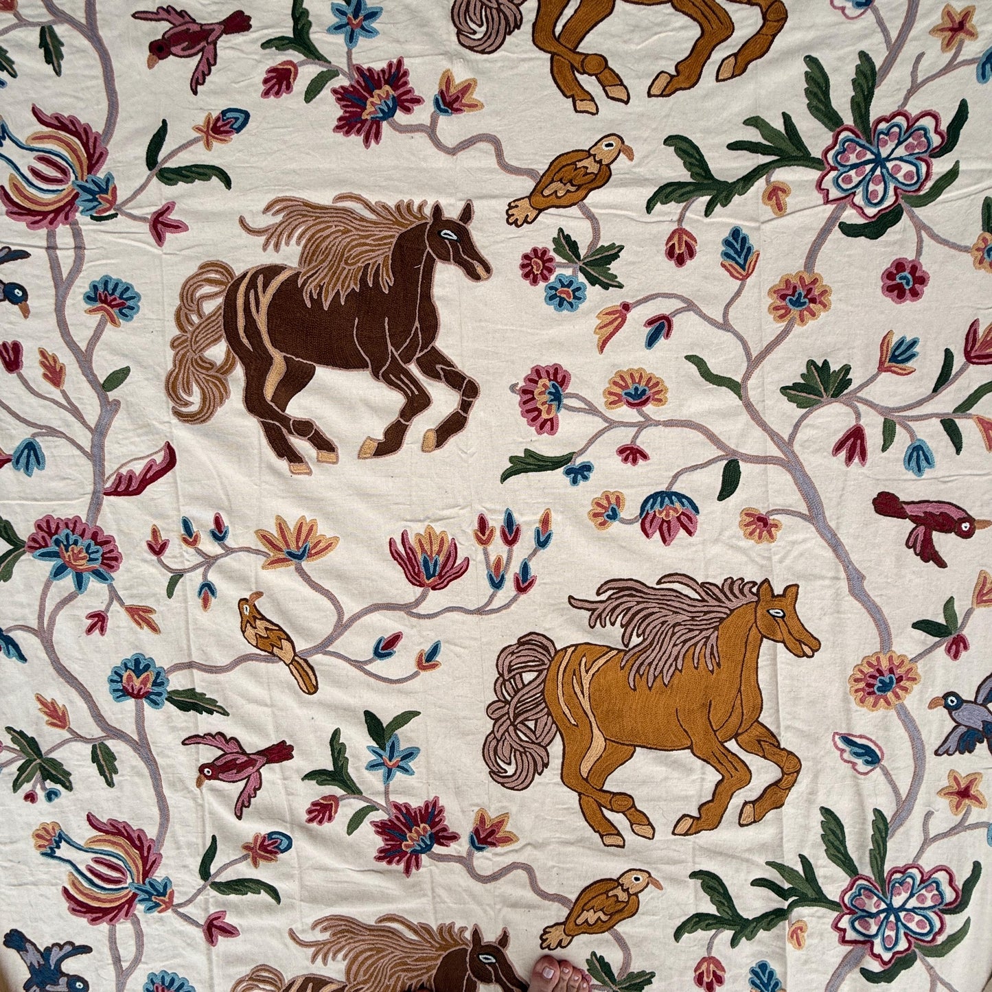 Crewel Hand Embroidered Fabric-Kashmir Crewel-Cotton Base-Flying Horse