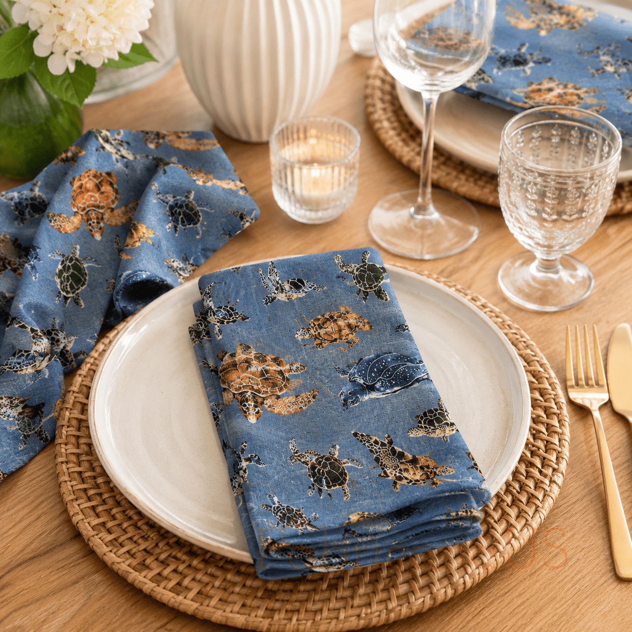Sea Turtle - Japanese Fabric - Blue Twill Fabric