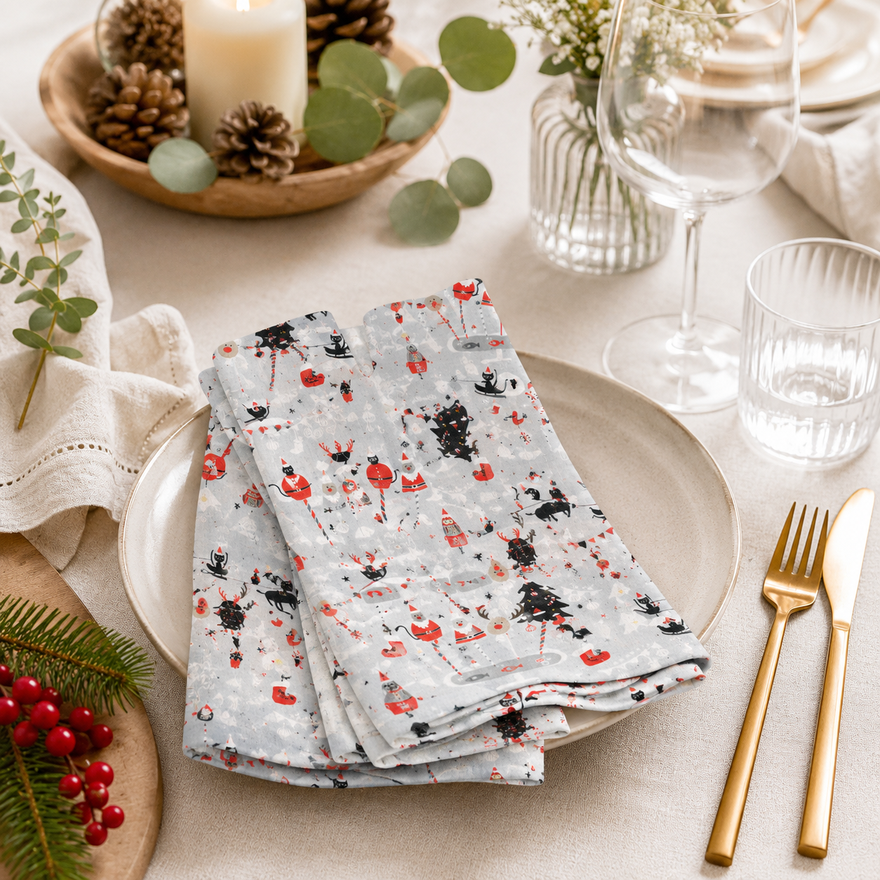Waku Waku Christmas-Holiday Party-Gray Unbleached Fabric-Naocom-Cotton+ Steel