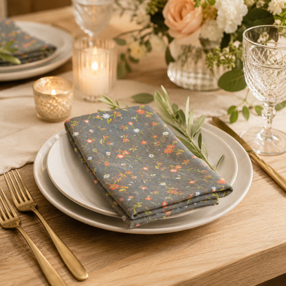Neko and Tori-Flower Picking-Charcoal Fabric-Itsuko Naka-Cotton + Steel