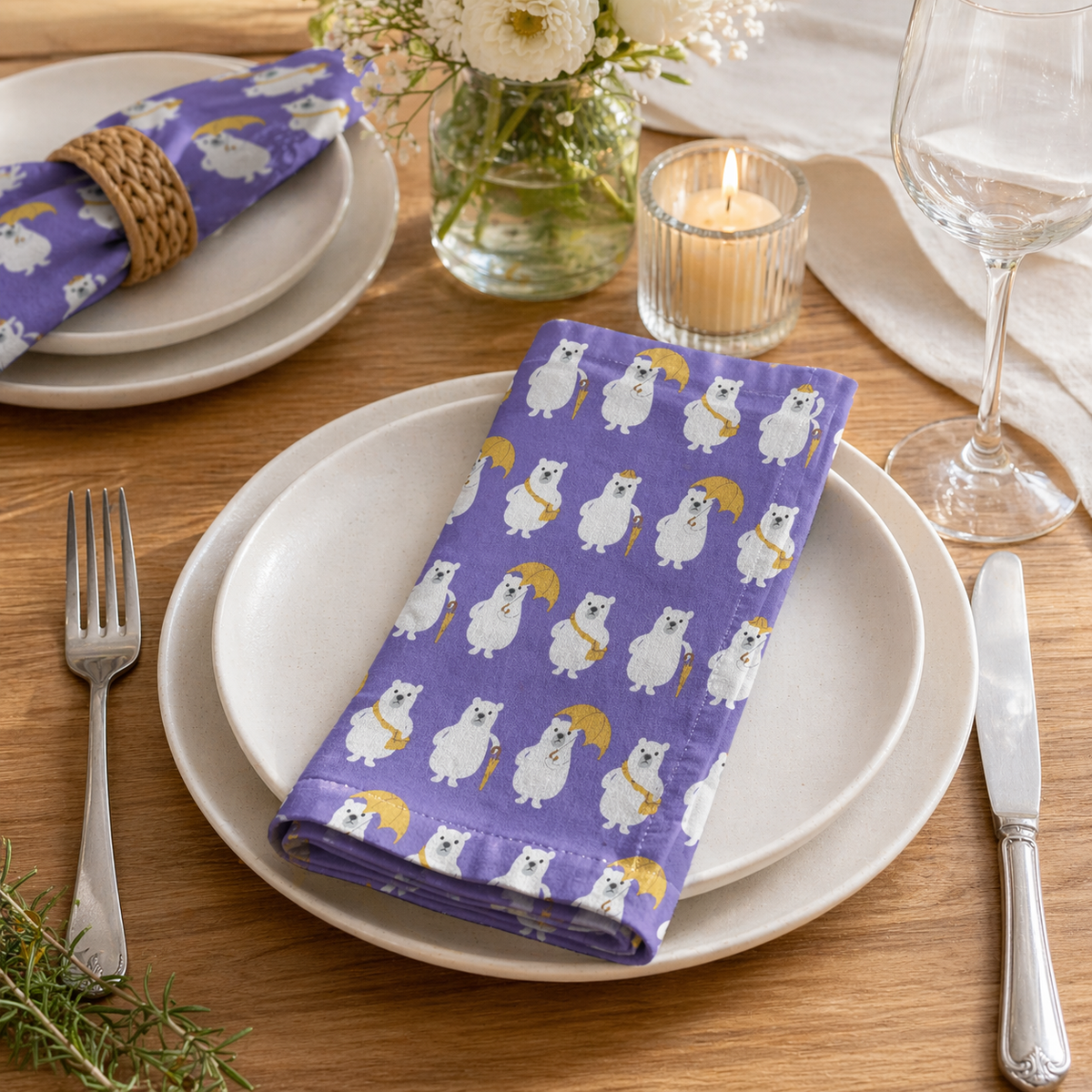 Bear-Polar Bear-Japanese Fabric-Purple-White-Yellow-Cotton Canvas Fabric