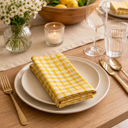 Under the Apple Tree – Picnic Sunshine Golden Yellow Check Plaid Fabric by Loes Van Oosten – Quilting Cotton
