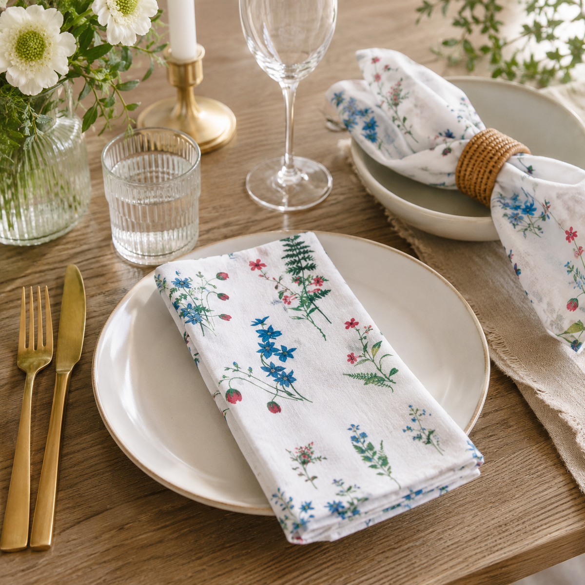 Floral-Green-Red-Blue-White-Hokkoh-Japanese Sheeting Fabric-Cotton Linen-301-730-2A
