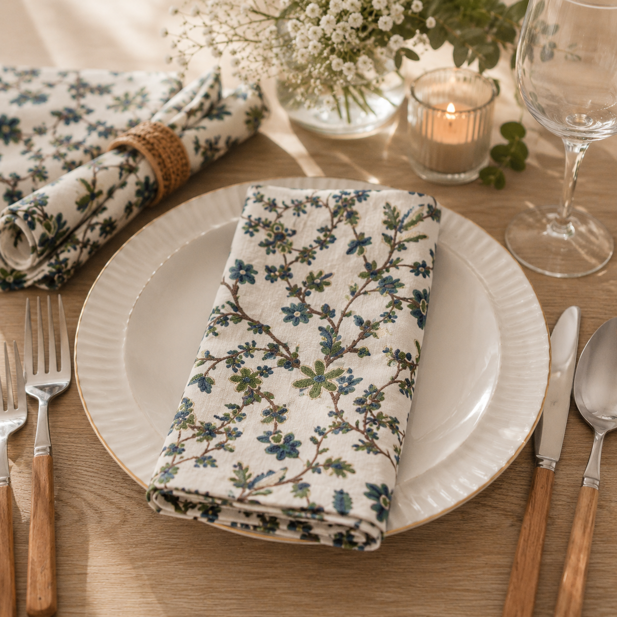 Cotton Crewel Hand Embroidered Fabric-Kashmir Crewel on White-Blue Work