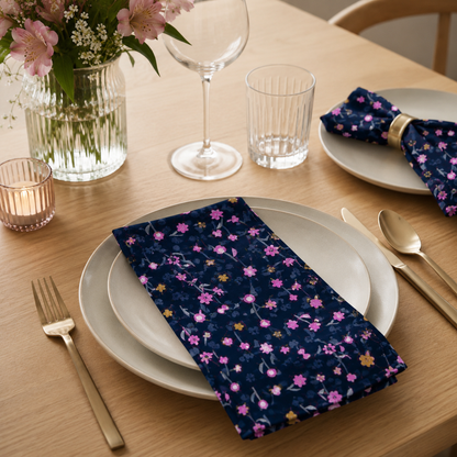 Neko and Tori - Flower Picking - Night Rayon Fabric - Black - Itsuko Naka