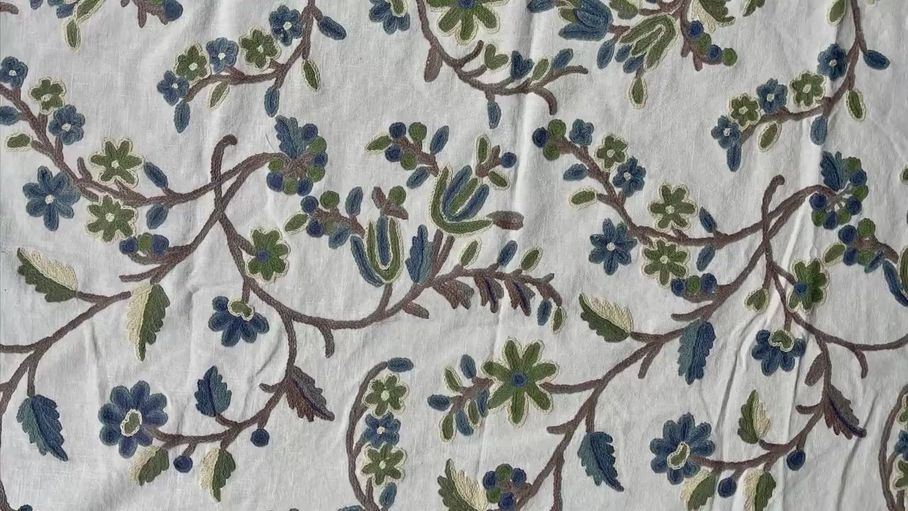 Crewel Embroidery Fabric-Kashmir Crewel on White-Blue Work