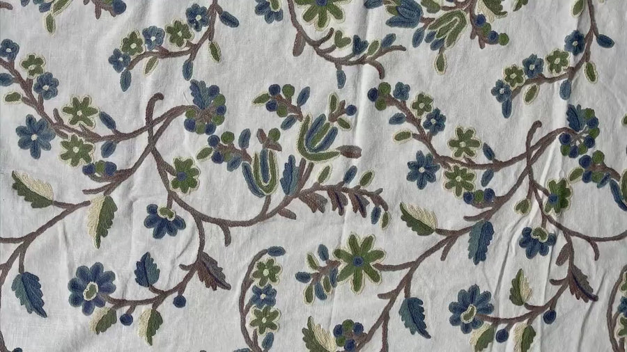 Crewel Embroidery Fabric-Kashmir Crewel on White-Blue Work