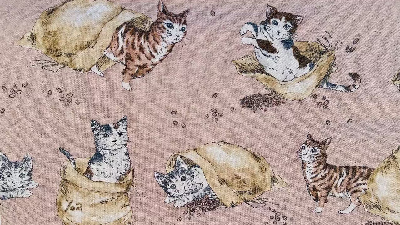 Cat - Coffee and Cats - Funny Cats - Kokka Fabric-Japanese Canvas Fabric.