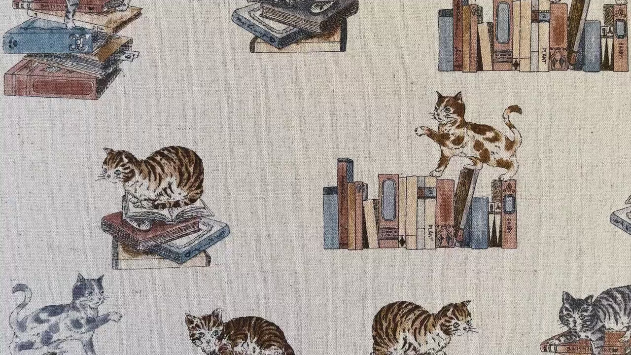 Cat - Cat Fabric - Cats and Books - Japanese Canvas Fabric