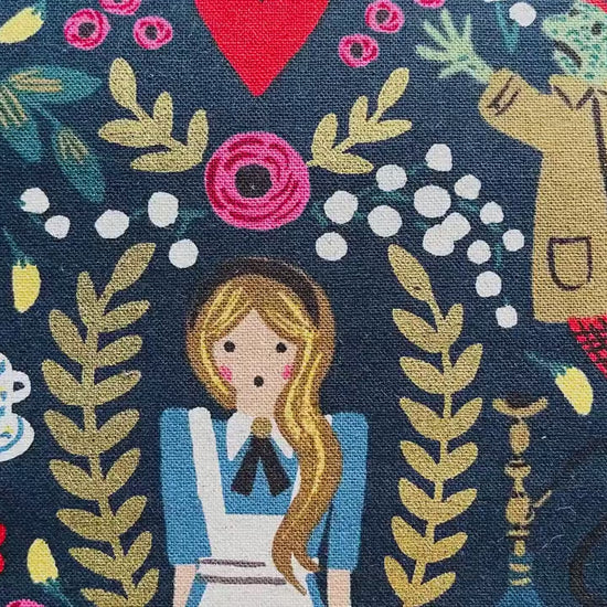 Rifle Paper Co-Alice in Wonderland Fabric-Navy Blue Quilting Cotton With Gold
