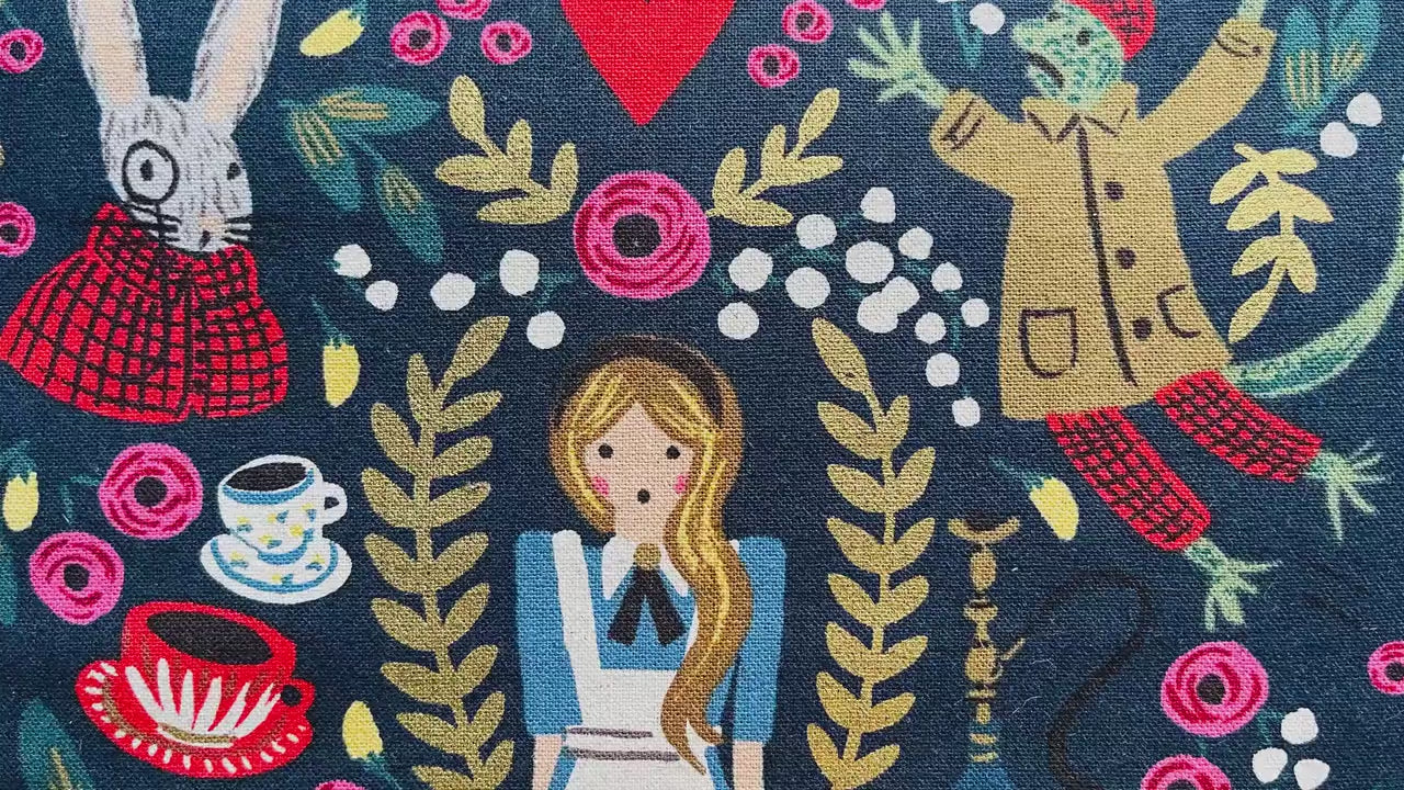 Rifle Paper Co-Alice in Wonderland Fabric-Navy Blue Quilting Cotton With Gold