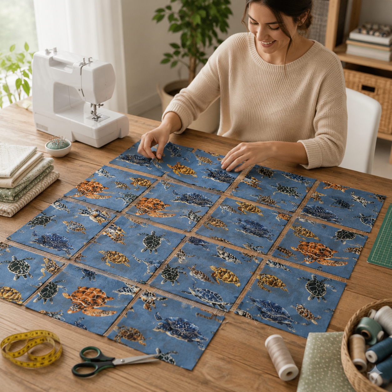 Sea Turtle - Japanese Fabric - Blue Twill Fabric