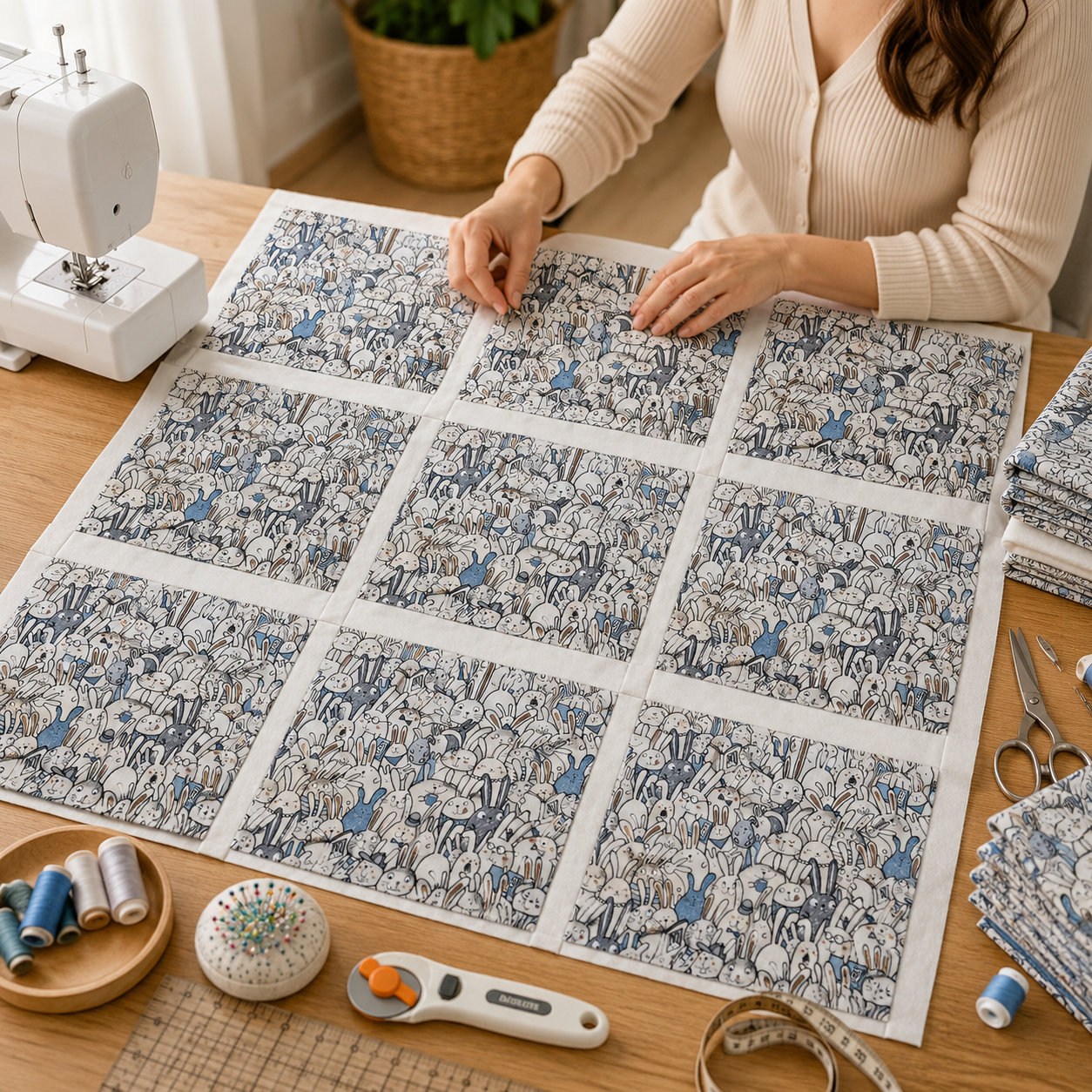Rabbit Oxford Fabric – Kokka Japanese Fabric – Cute Bunny Print Cotton Oxford Fabric