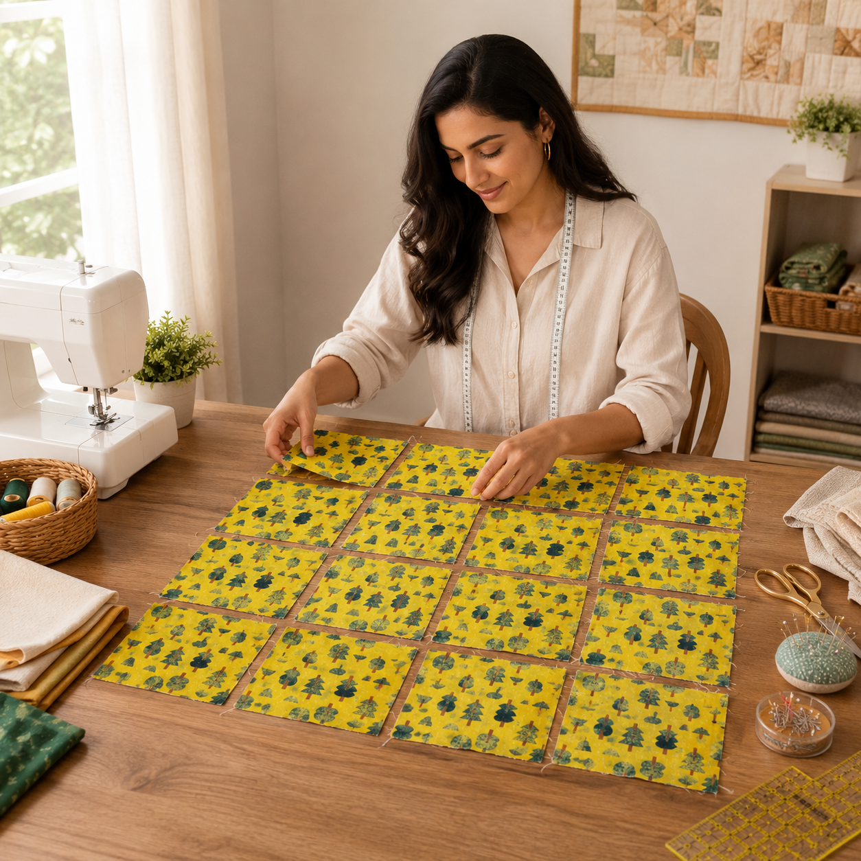 Neko and Tori-Tiny Trees-Avocado Fabric-Itsuko Naka-Cotton + Steel