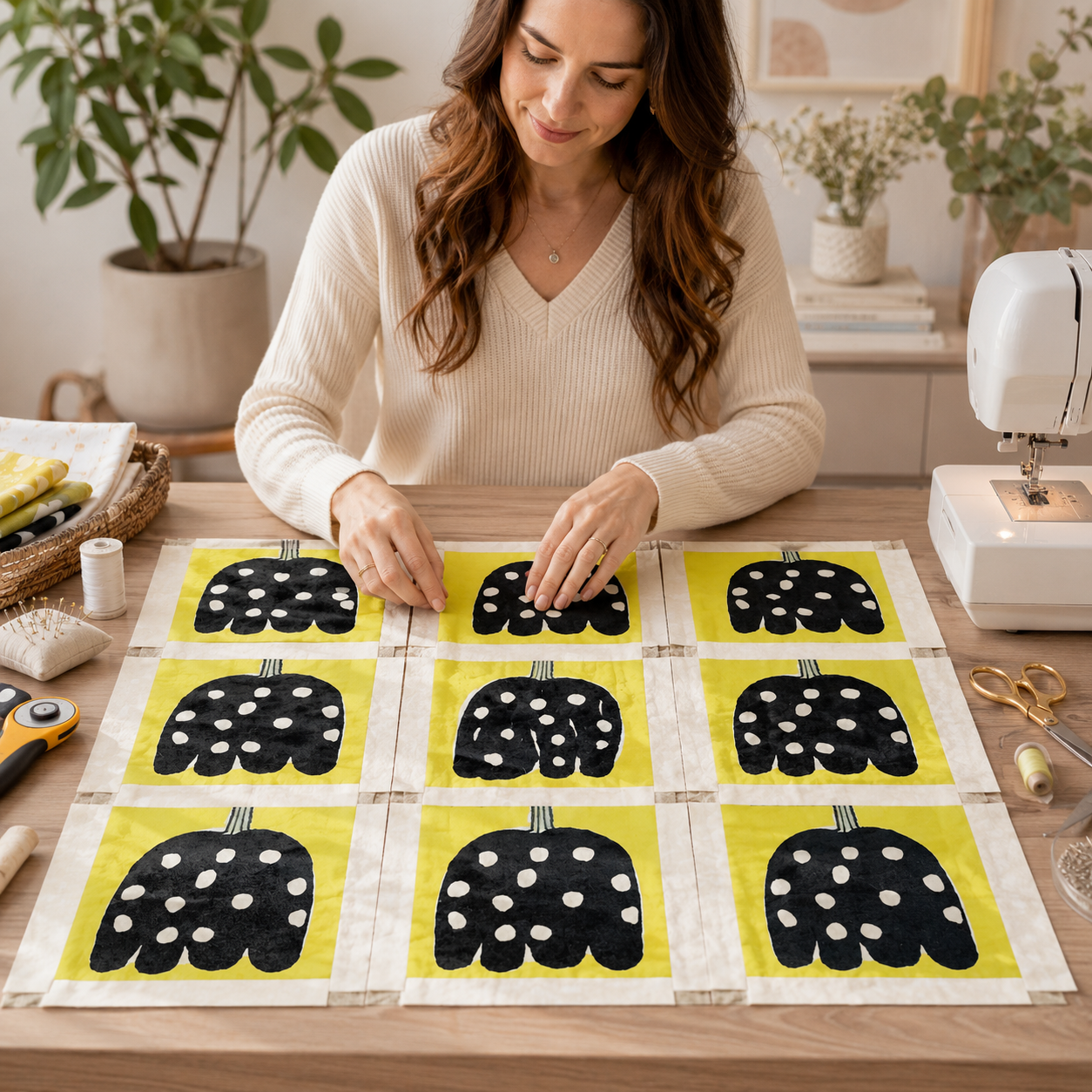 Kokka Japanese Lightweight Canvas Fabric – Black & Yellow Print – Premium Cotton Canvas – Made in Japan