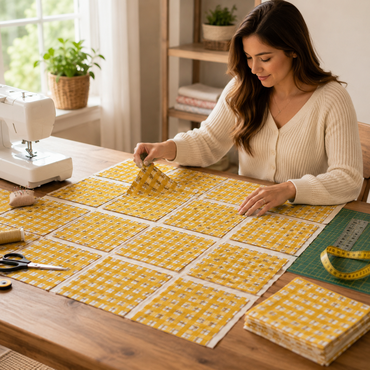 Under the Apple Tree – Picnic Sunshine Golden Yellow Check Plaid Fabric by Loes Van Oosten – Quilting Cotton