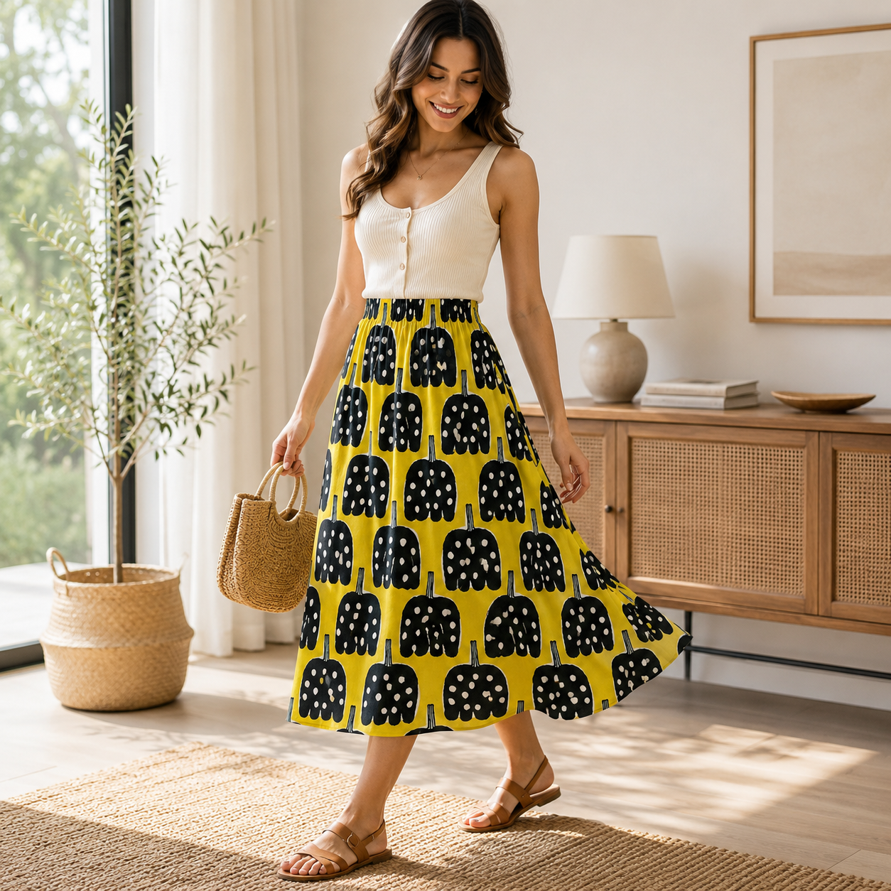 Kokka Japanese Lightweight Canvas Fabric – Black & Yellow Print – Premium Cotton Canvas – Made in Japan
