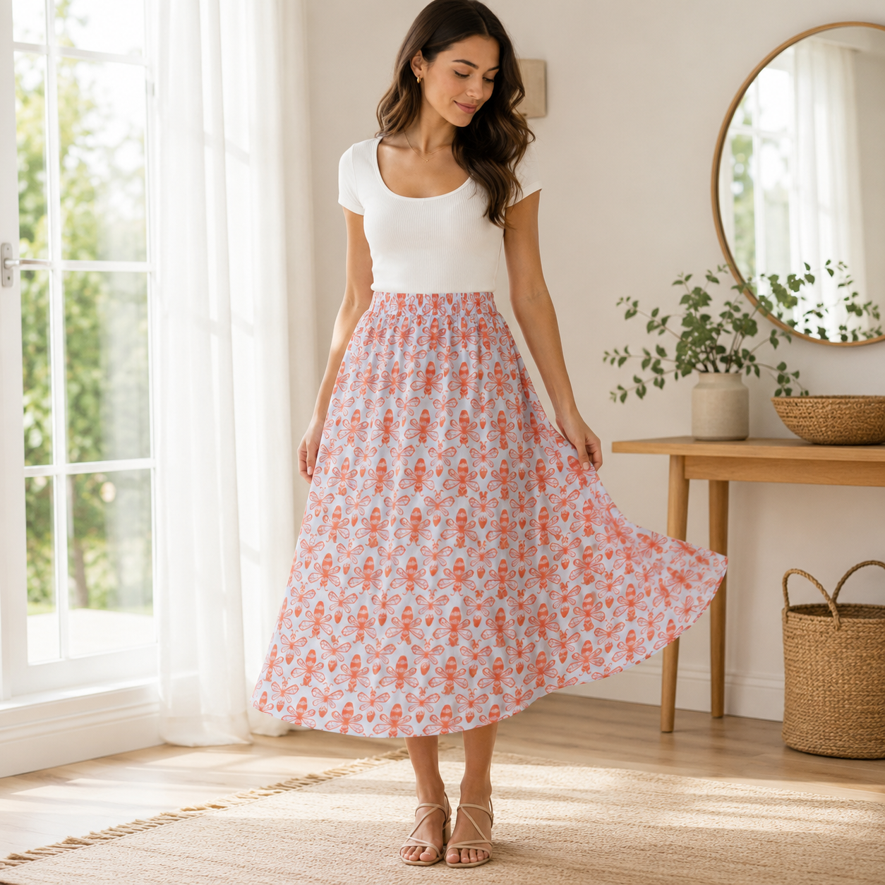 Sweet Floral Scent Bee Coral Fabric by Loes Van Oosten