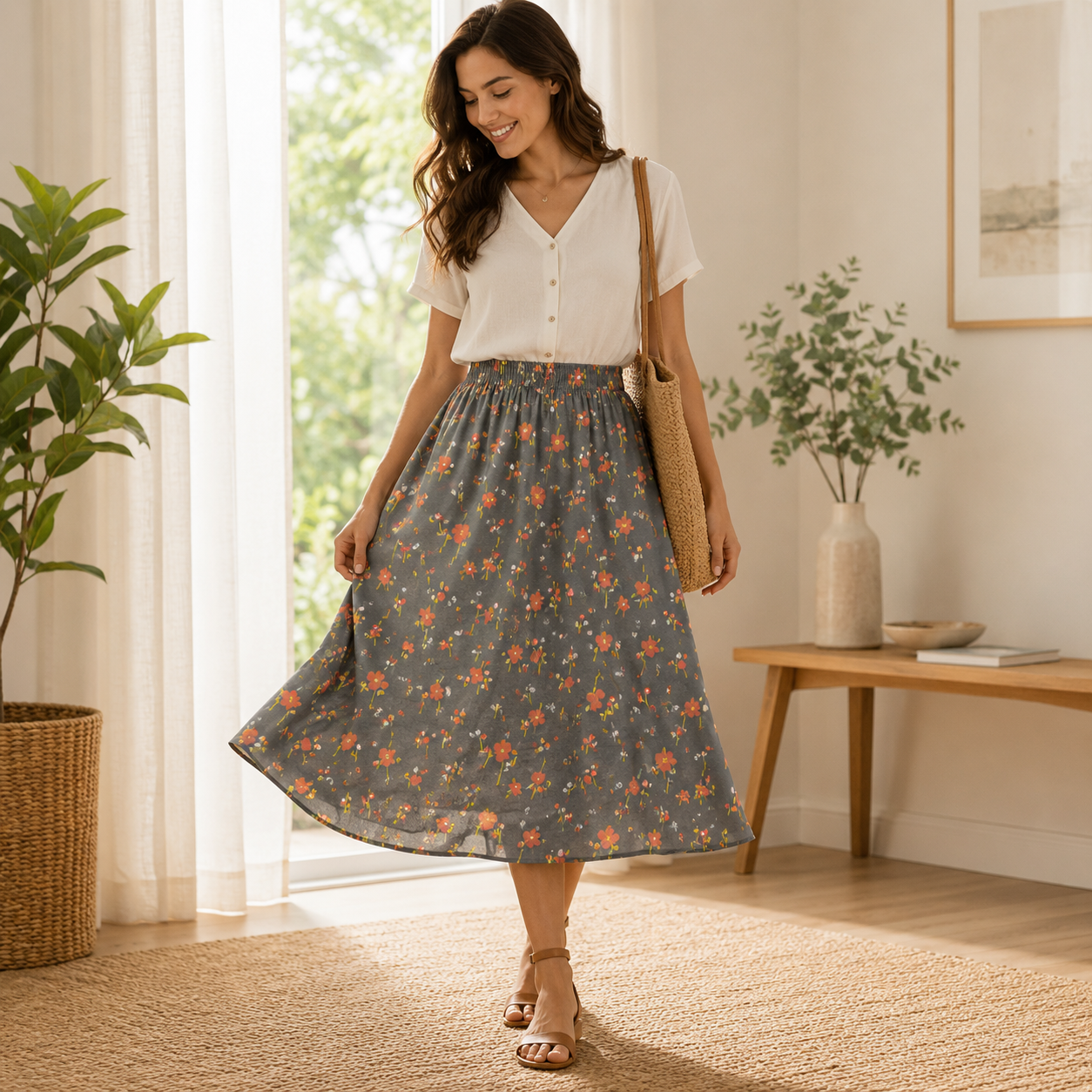 Neko and Tori-Flower Picking-Charcoal Fabric-Itsuko Naka-Cotton + Steel