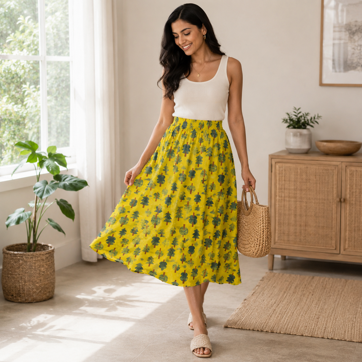 Neko and Tori-Tiny Trees-Avocado Fabric-Itsuko Naka-Cotton + Steel