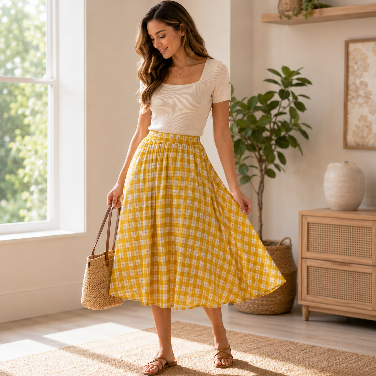 Under the Apple Tree – Picnic Sunshine Golden Yellow Check Plaid Fabric by Loes Van Oosten – Quilting Cotton