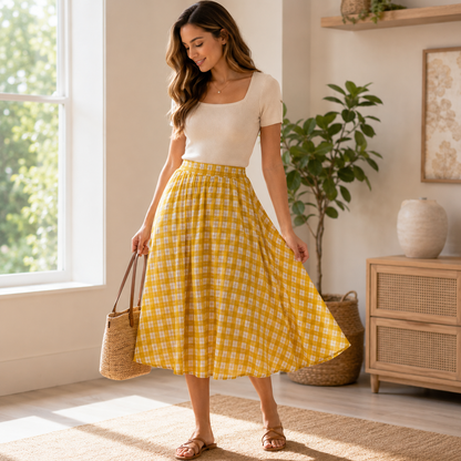 Under the Apple Tree – Picnic Sunshine Golden Yellow Check Plaid Fabric by Loes Van Oosten – Quilting Cotton