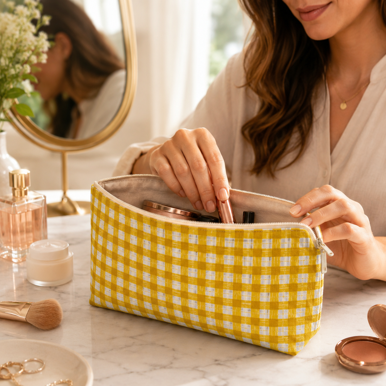 Under the Apple Tree – Picnic Sunshine Golden Yellow Check Plaid Fabric by Loes Van Oosten – Quilting Cotton