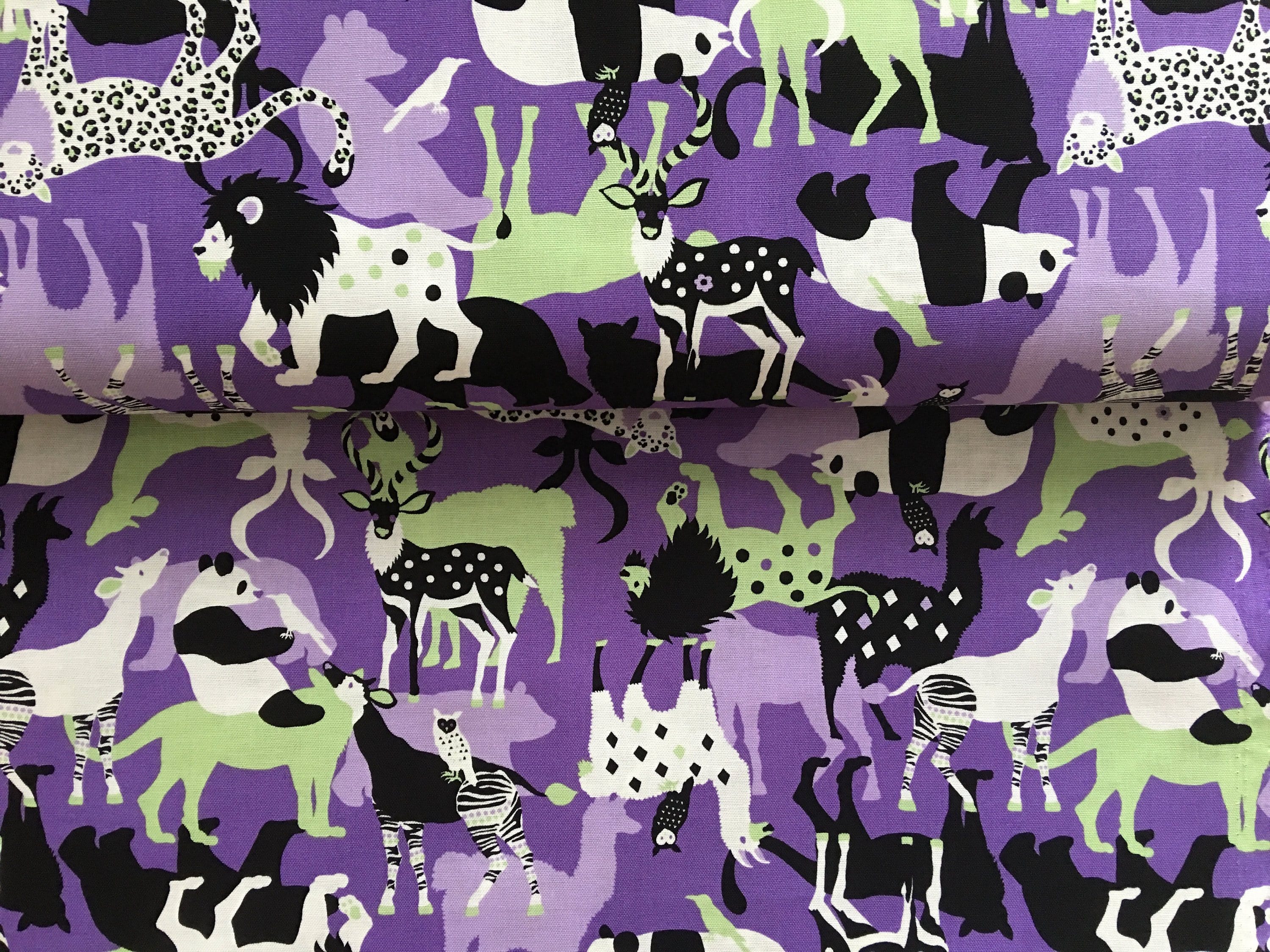 Safari Animals Purple Japanese Canvas Fabric. - Fabricanaus