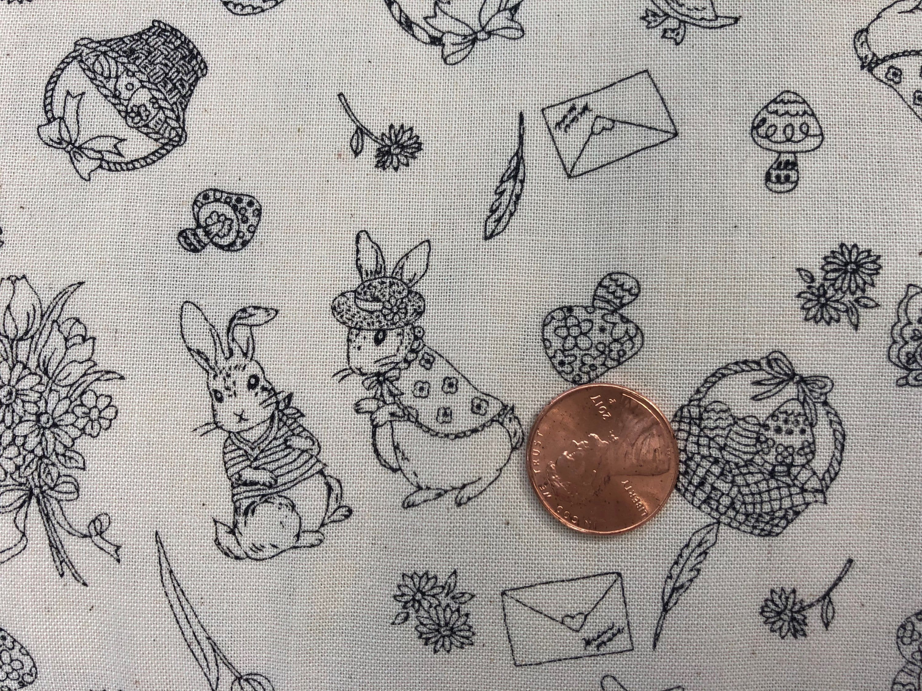 Japanese Peter Rabbit Black and White Cotton Fabric. - Fabricanaus