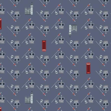 London Town HRH -Blue Fabric - Sara Mulvanny - Cotton + Steel - Quilting Cotton - Blue  - Red - White - Black - SY104-BL1
