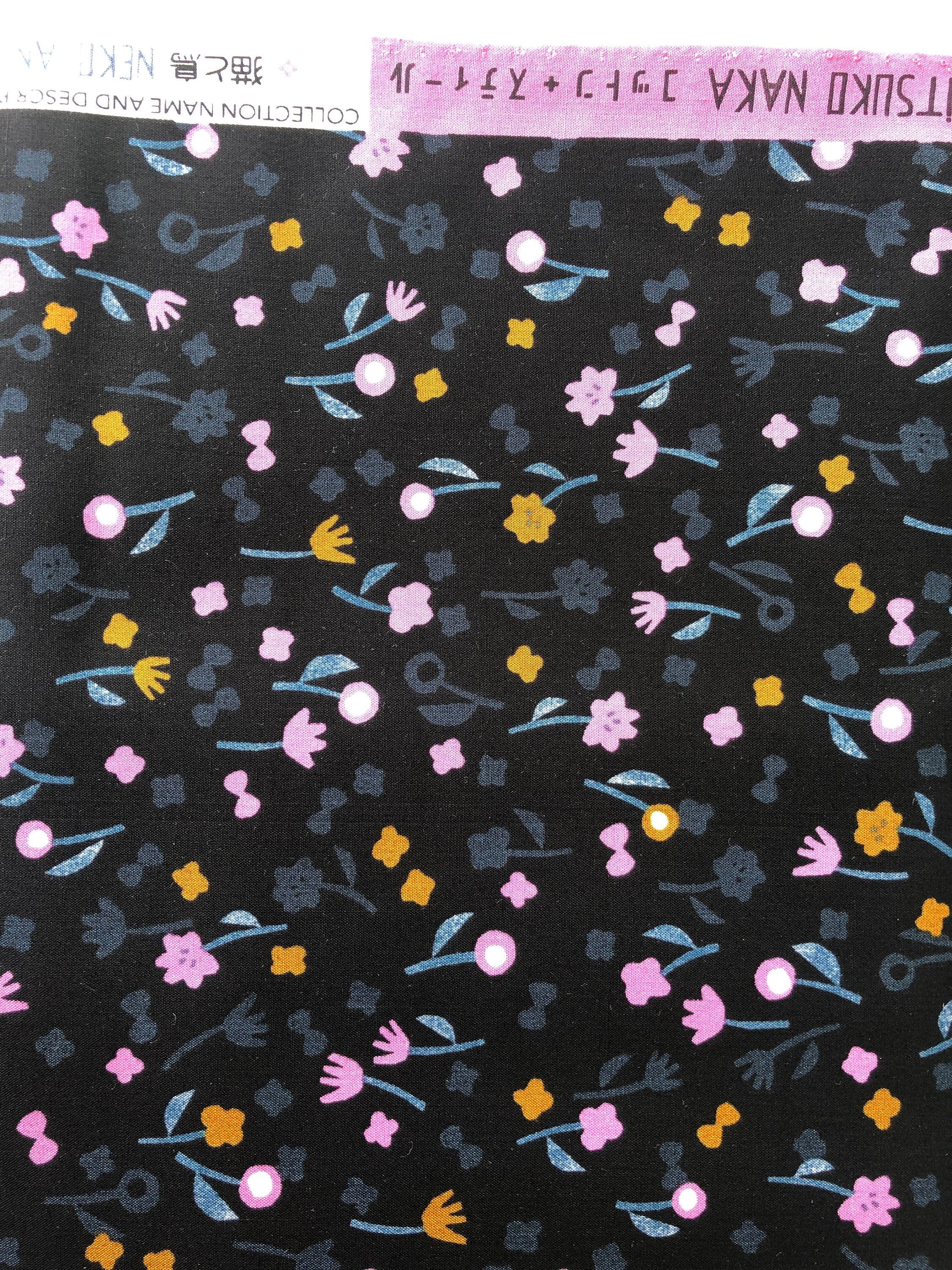 Neko and Tori - Flower Picking - Night Rayon Fabric - Black - Purple - Grey - Yellow - Itsuko Naka - Cotton+Steel - IN103-NI5R