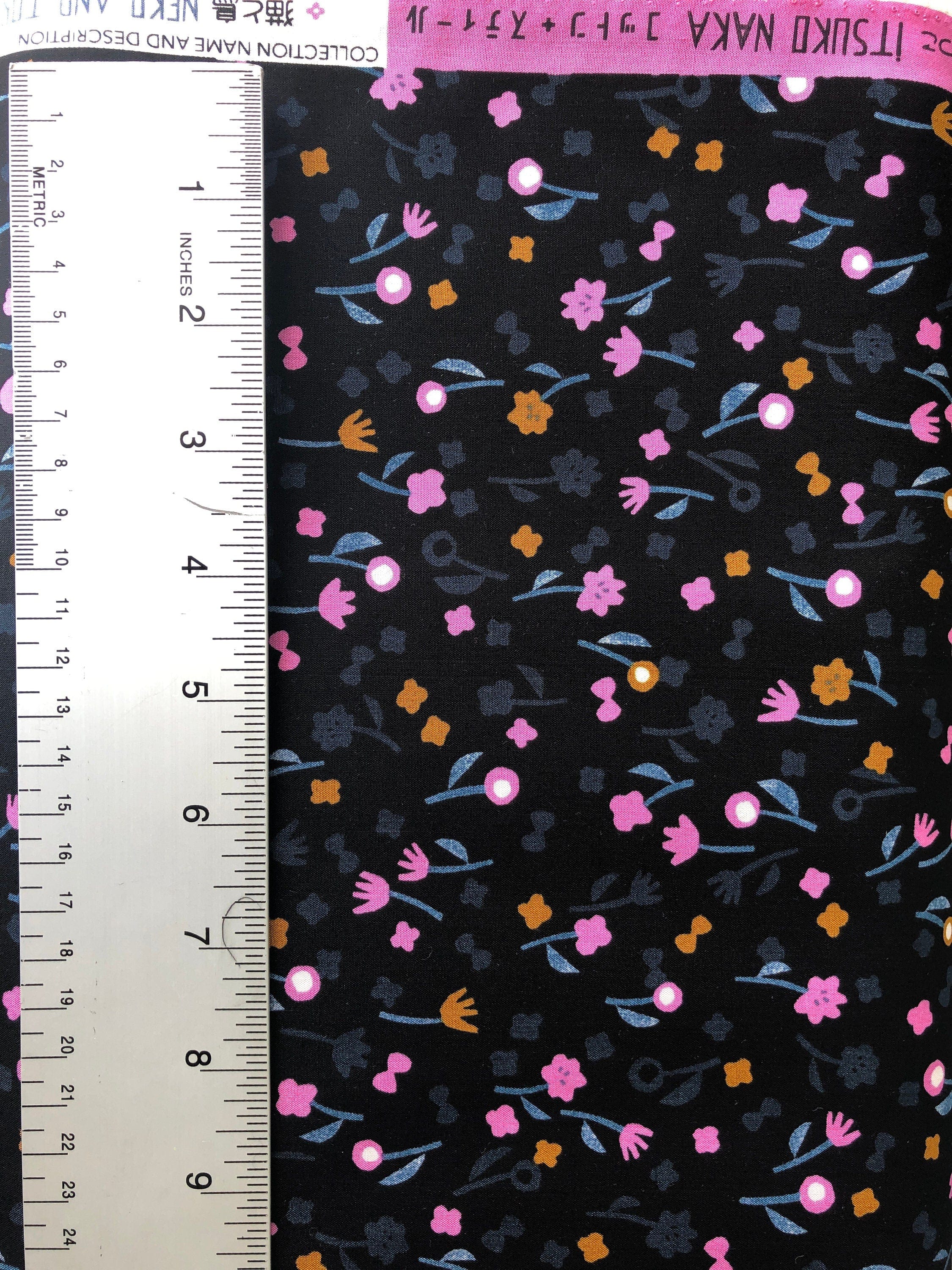 Neko and Tori - Flower Picking - Night Rayon Fabric - Black - Purple - Grey - Yellow - Itsuko Naka - Cotton+Steel - IN103-NI5R