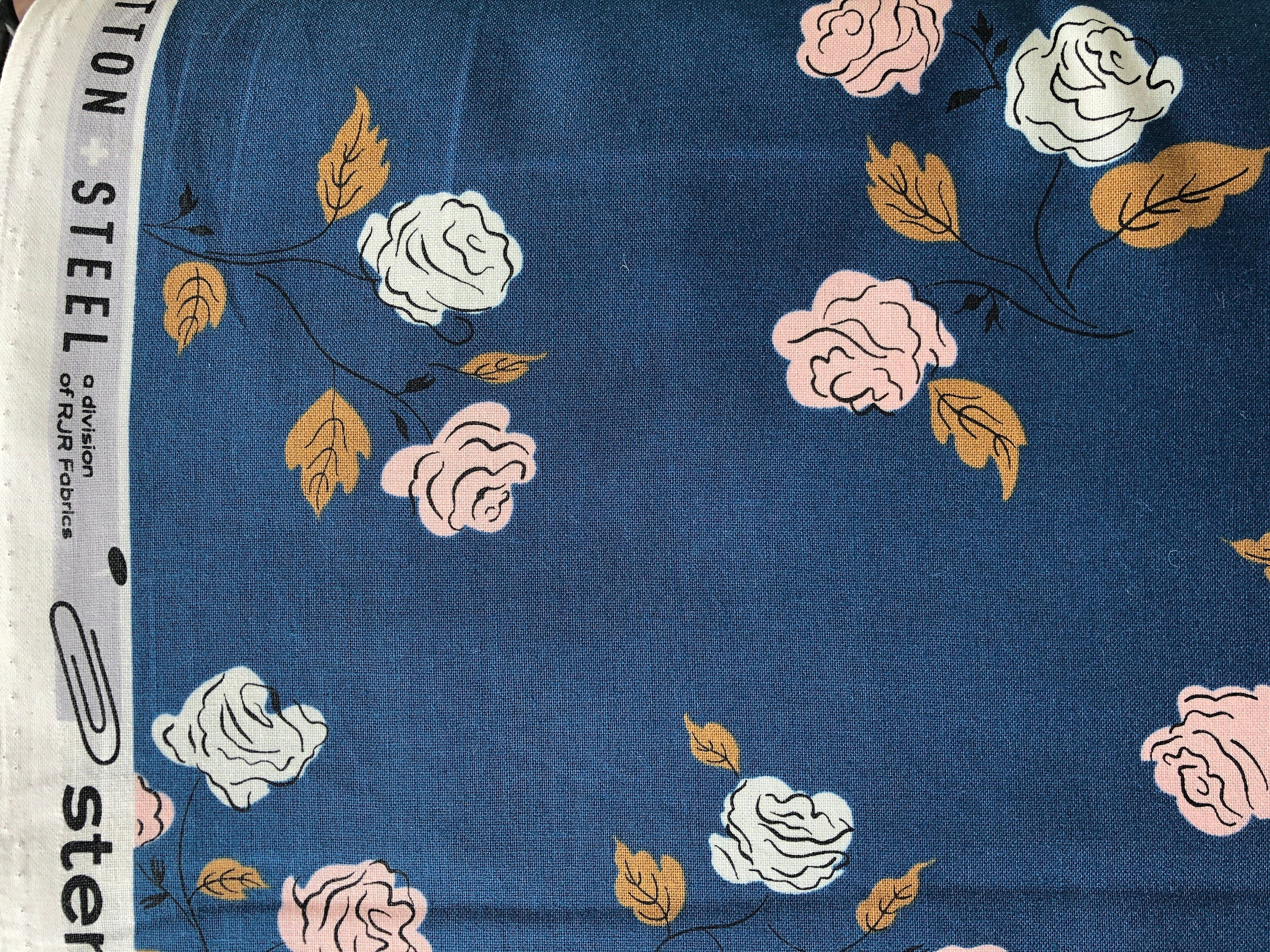 Steno Pool - Roses Midnight - Kimberly Kight - Cotton + Steel Fabric - Blue - Pink - Brown - Quilting Cotton - K3065-001