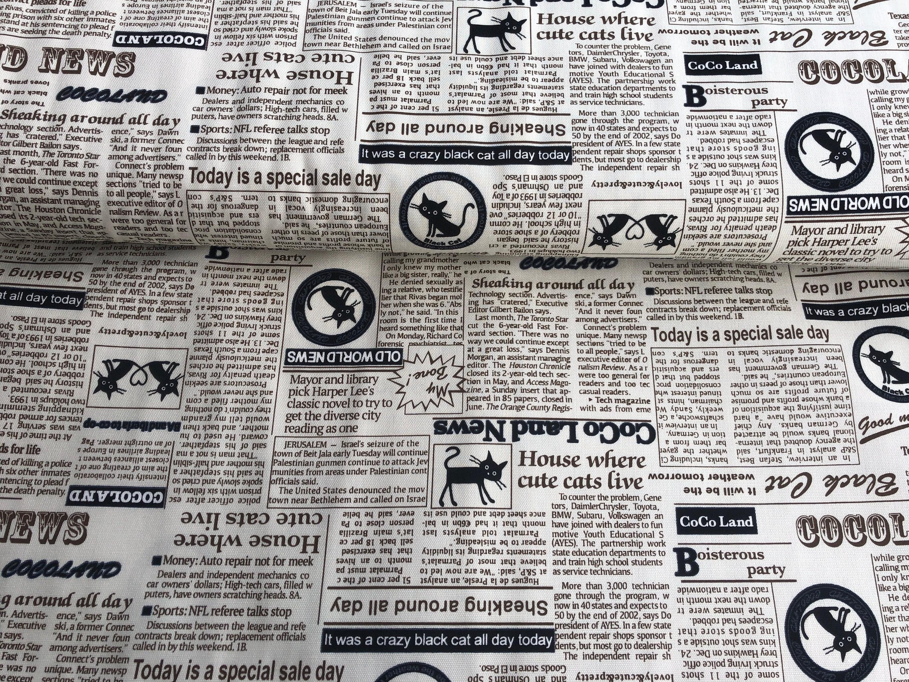 Cat - Newspaper - Lightweight Canvas - Black - White - Brown - Newspaper Fabric - Japanese Fabric - Canvas Cotton Fabric - H-CO-10002-23B