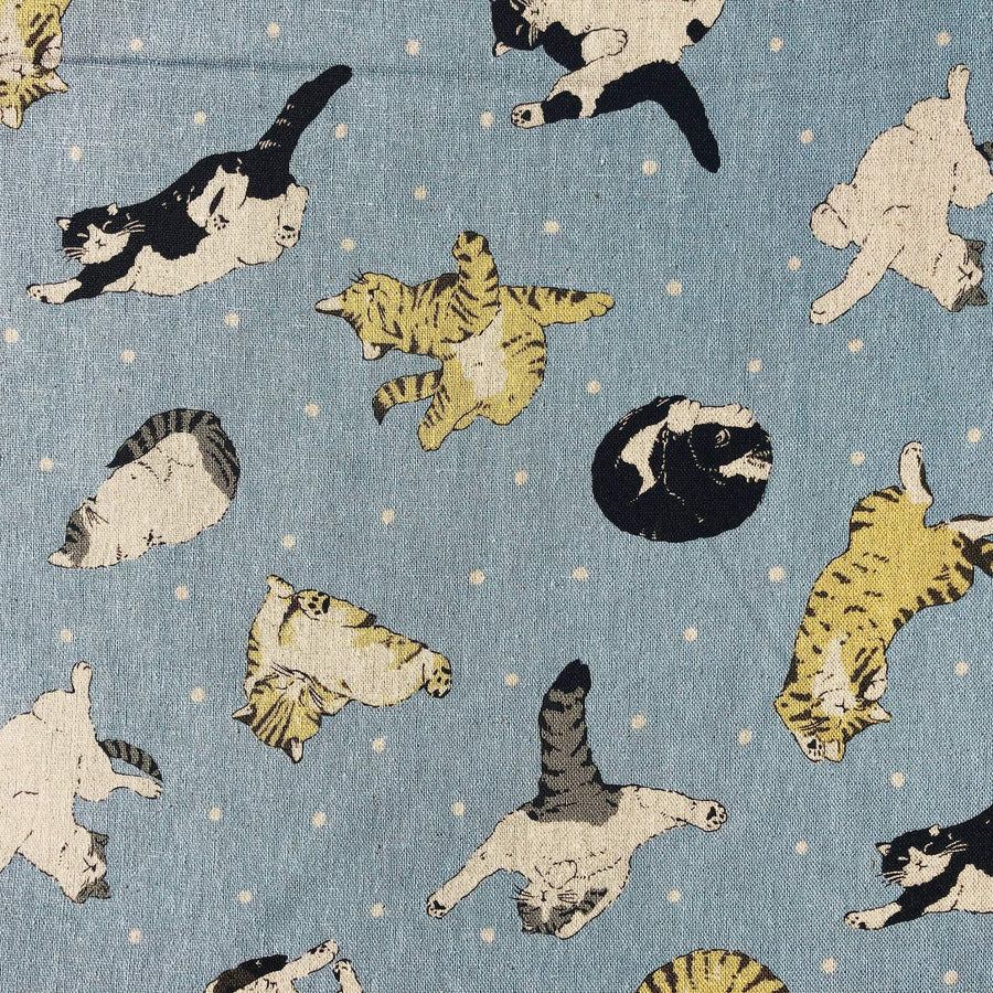 Kokka Cotton Linen Navy Blue Natural Sleeping Cat Lightweight Canvas Fabric.